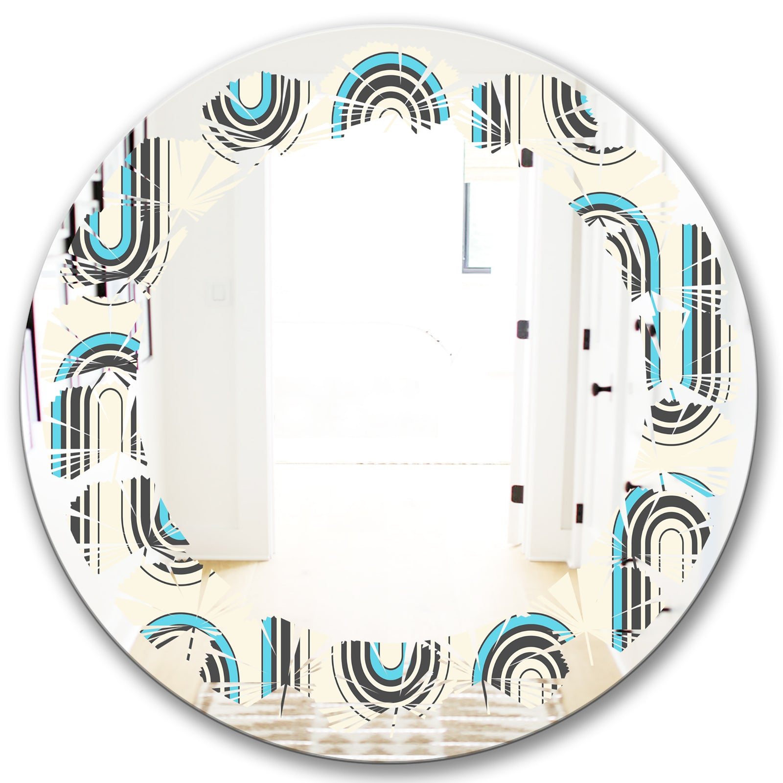 Retro Geometrical Abstract Minimal Pattern IV - Modern Round or Oval Wall Mirror - Leaves