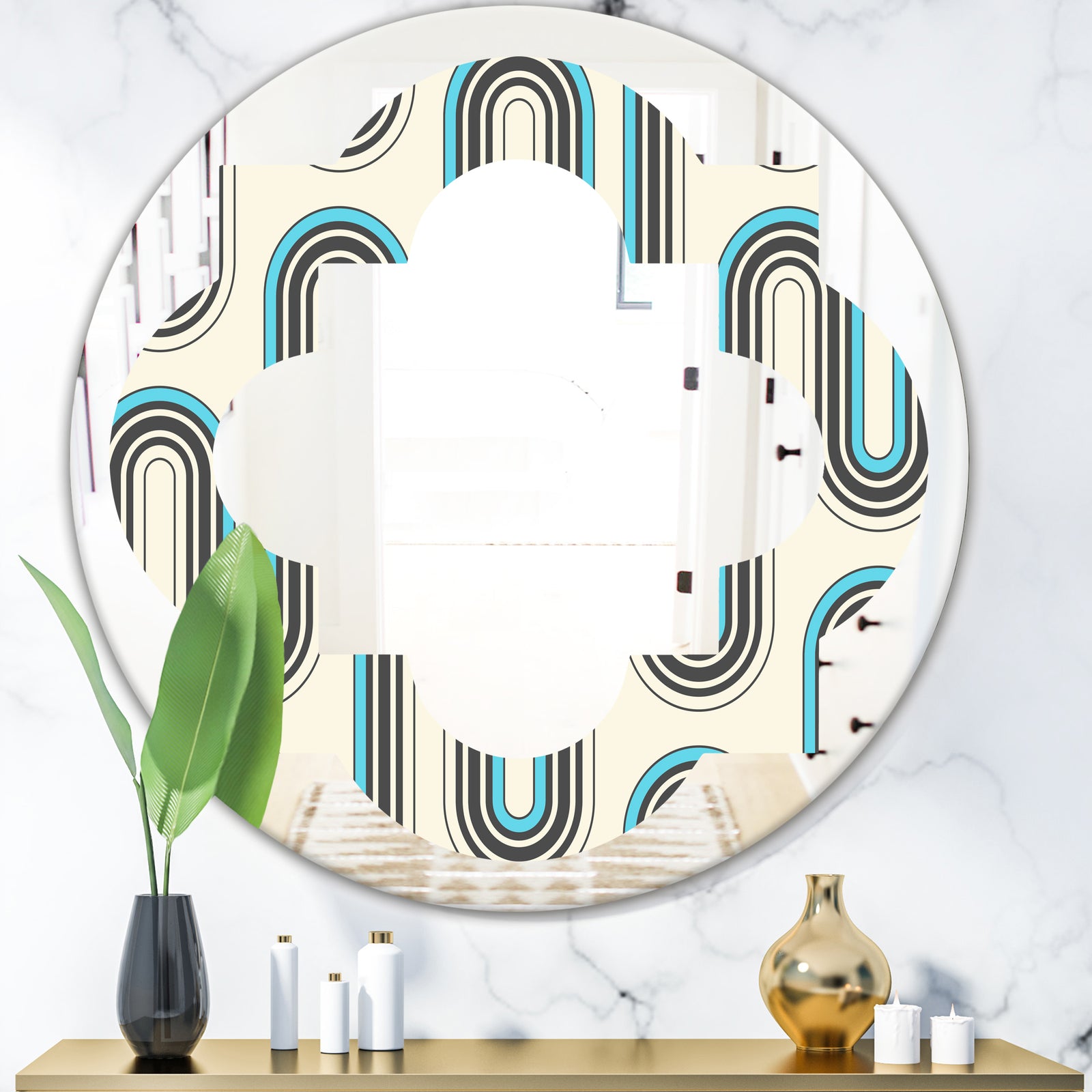 Retro Geometrical Abstract Minimal Pattern IV - Modern Round or Oval Wall Mirror - Quatrefoil