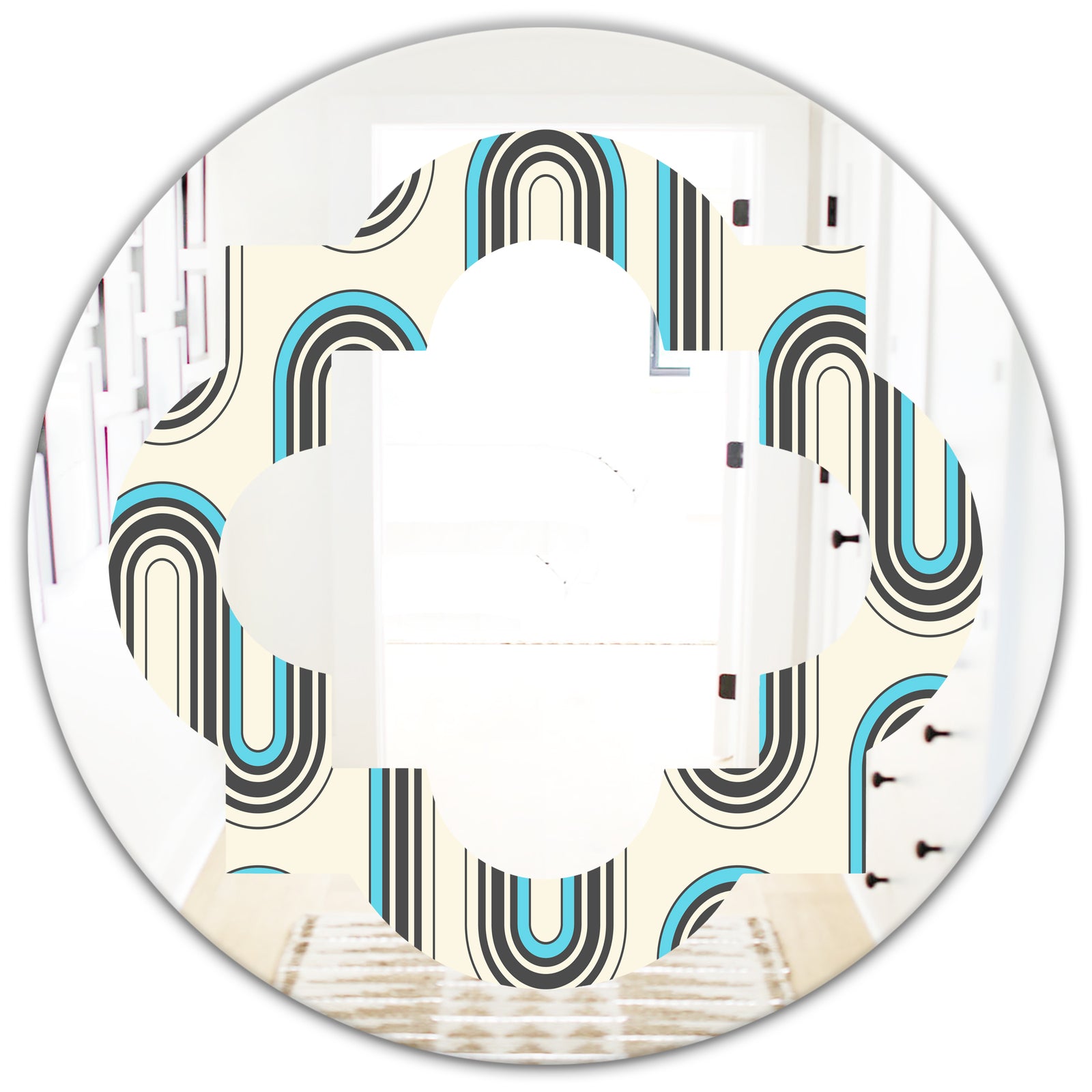 Retro Geometrical Abstract Minimal Pattern IV - Modern Round or Oval Wall Mirror - Quatrefoil