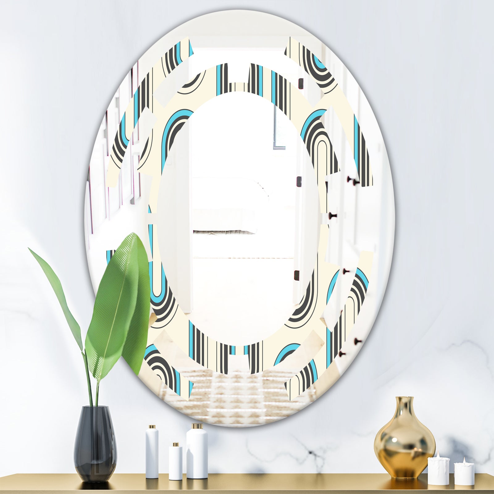 Retro Geometrical Abstract Minimal Pattern IV - Modern Round or Oval Wall Mirror - Space