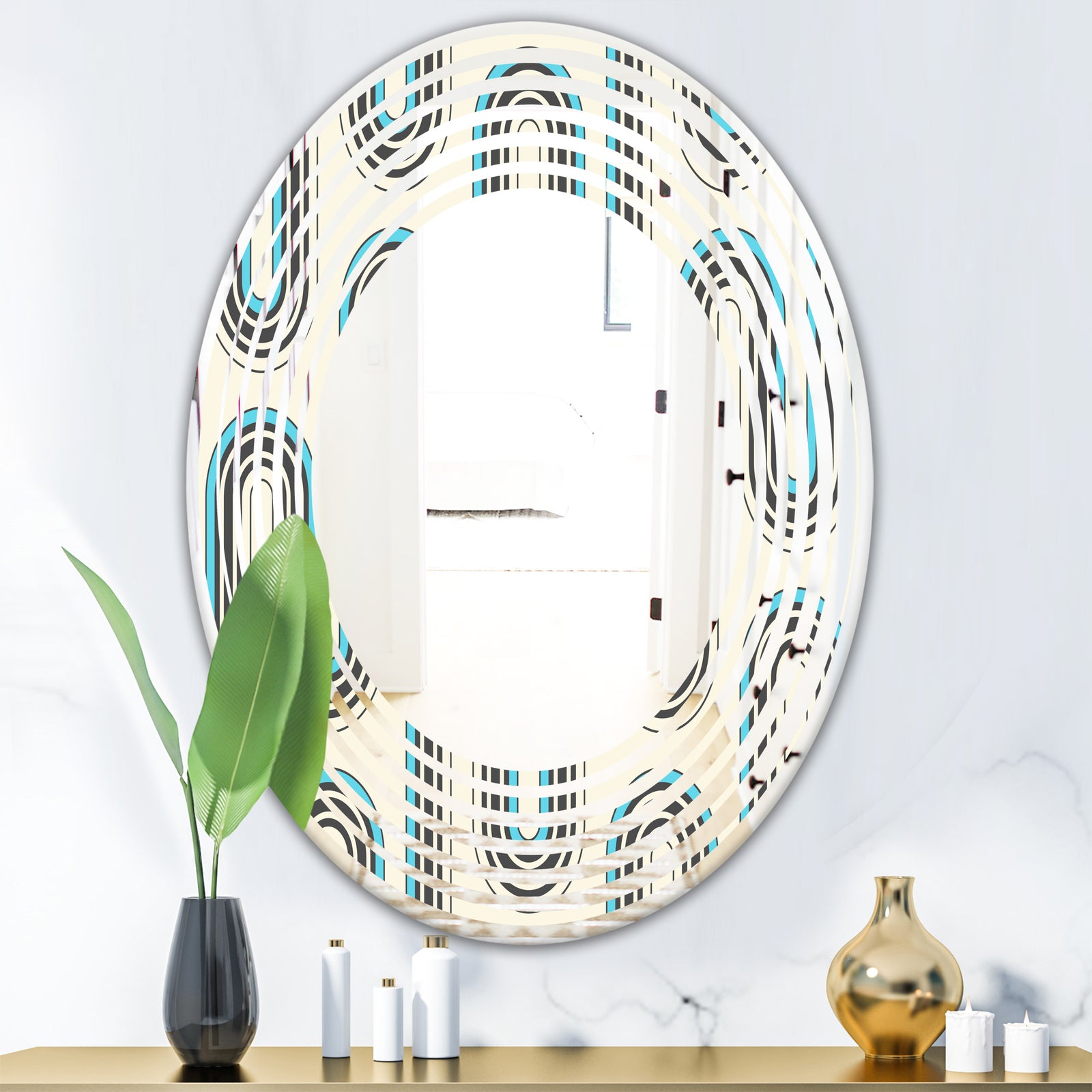 Retro Geometrical Abstract Minimal Pattern IV - Modern Round or Oval Wall Mirror - Wave