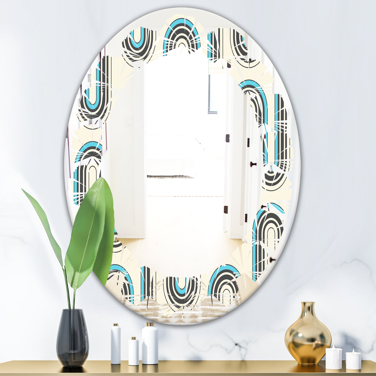 Retro Geometrical Abstract Minimal Pattern IV - Modern Round or Oval Wall Mirror - Leaves