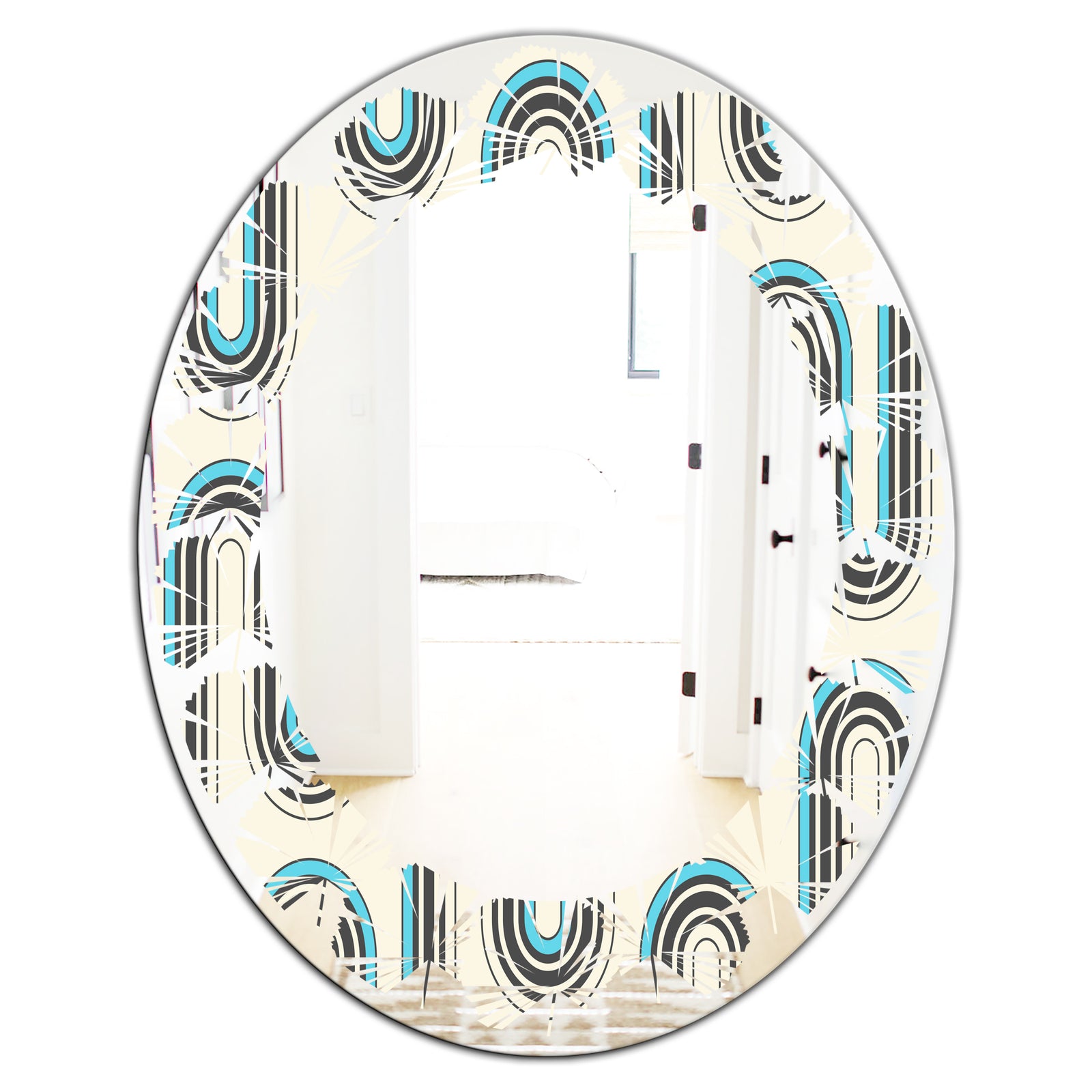 Retro Geometrical Abstract Minimal Pattern IV - Modern Round or Oval Wall Mirror - Leaves