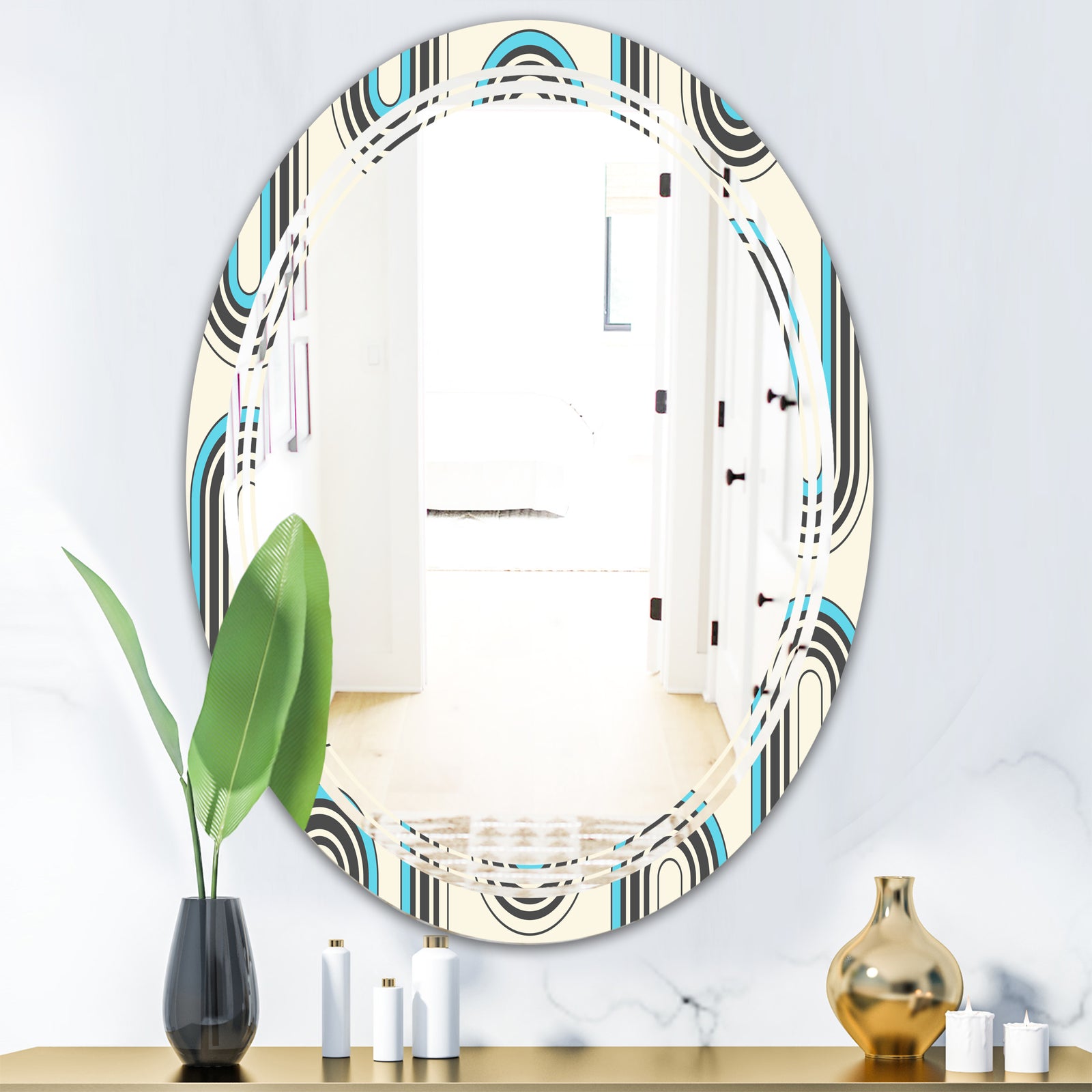 Retro Geometrical Abstract Minimal Pattern IV - Modern Round or Oval Wall Mirror - Triple C