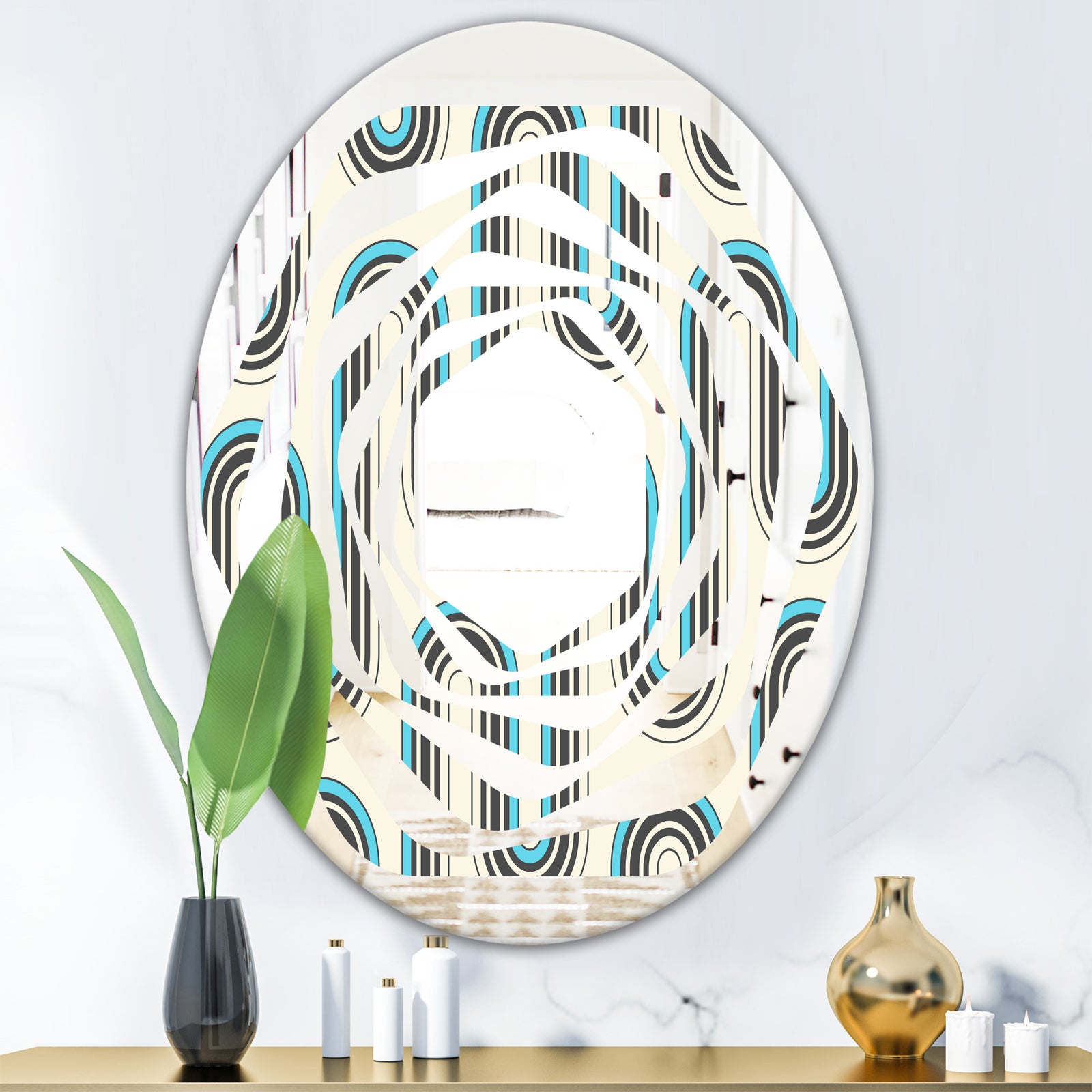 Retro Geometrical Abstract Minimal Pattern IV - Modern Round or Oval Wall Mirror - Whirl