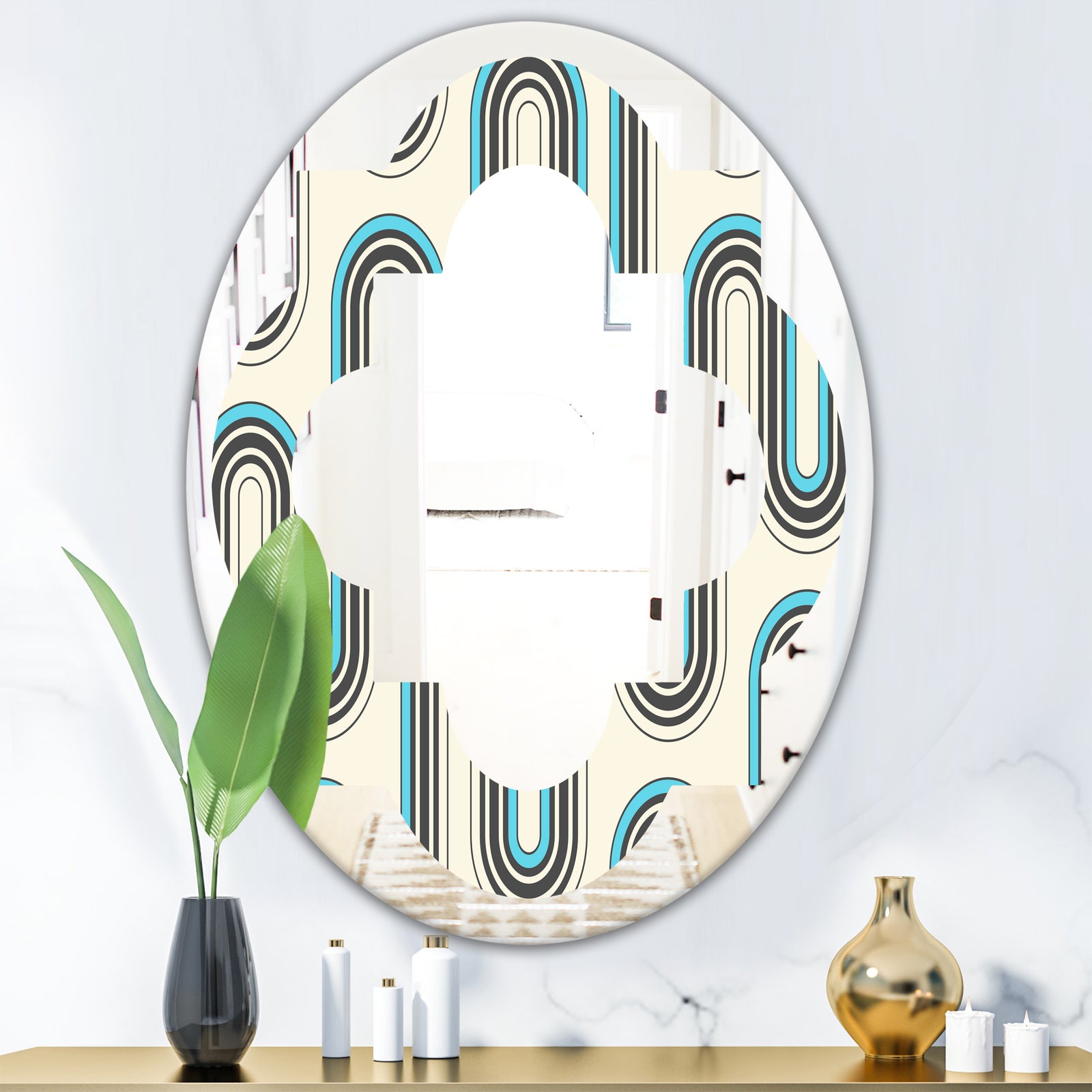 Retro Geometrical Abstract Minimal Pattern IV - Modern Round or Oval Wall Mirror - Quatrefoil