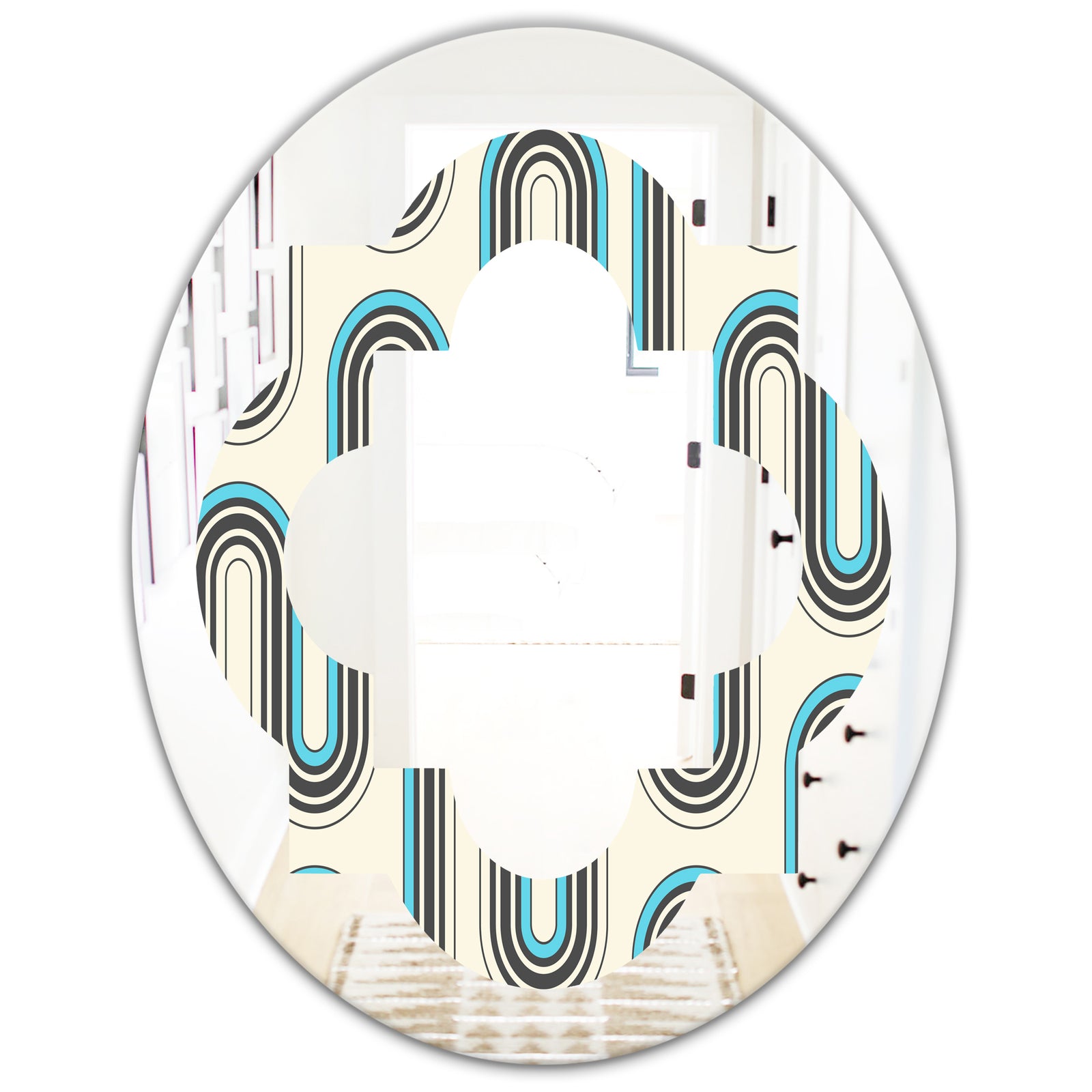 Retro Geometrical Abstract Minimal Pattern IV - Modern Round or Oval Wall Mirror - Quatrefoil