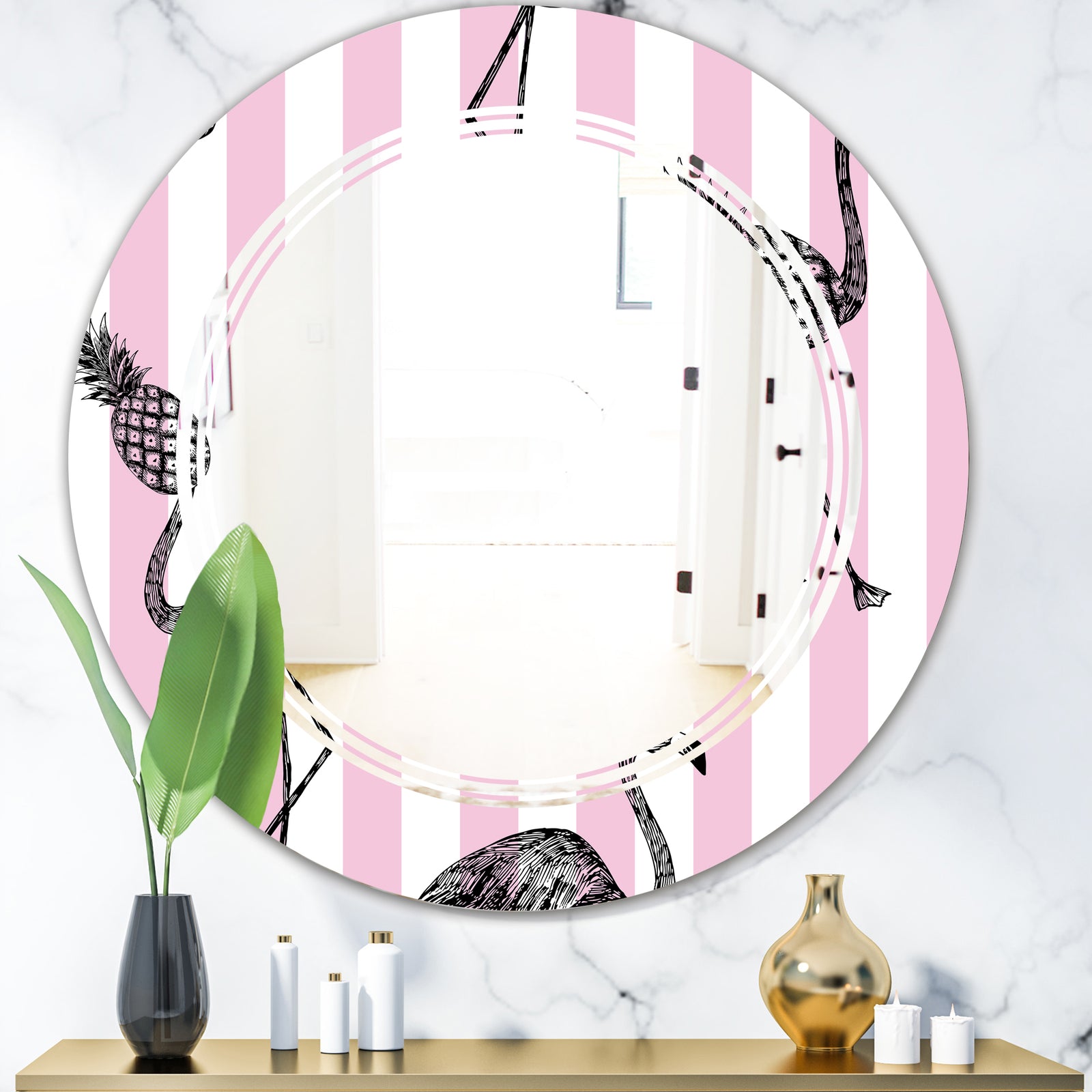 Flamingo on Pink - Modern Round or Oval Wall Mirror - Triple C