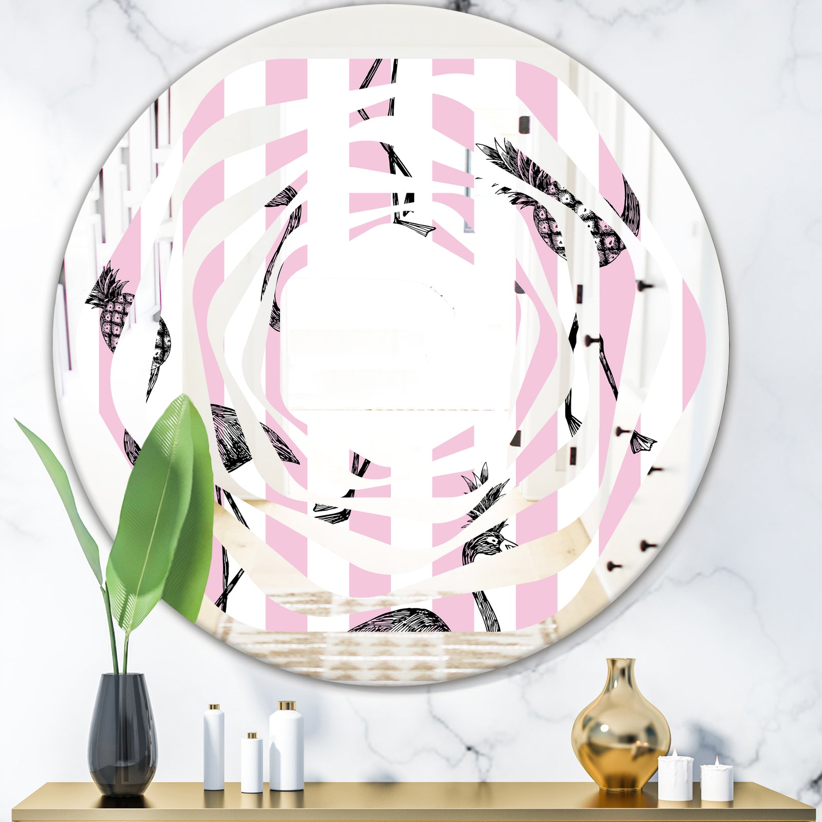 Flamingo on Pink - Modern Round or Oval Wall Mirror - Whirl