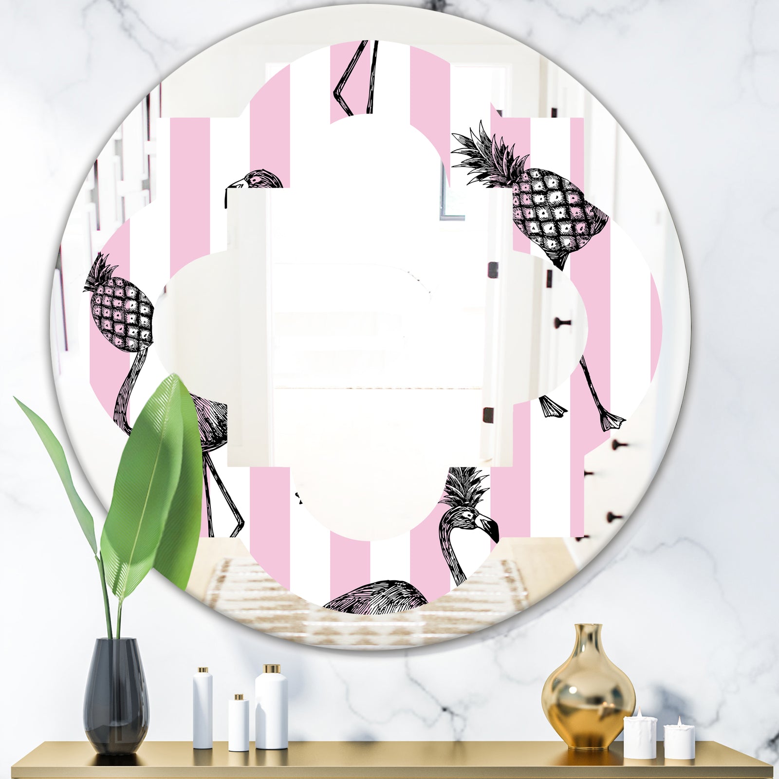 Flamingo on Pink - Modern Round or Oval Wall Mirror - Quatrefoil