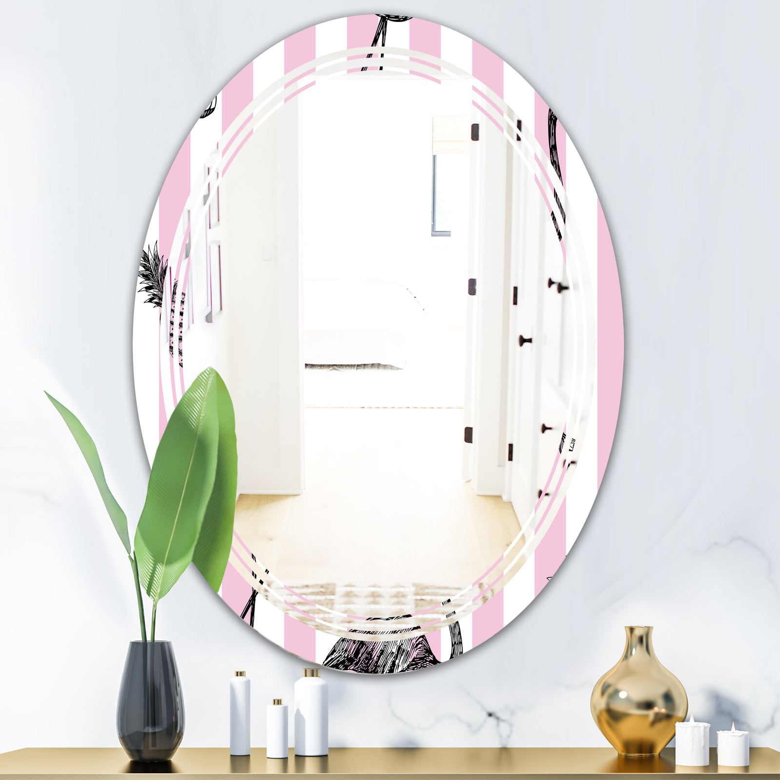 Flamingo on Pink - Modern Round or Oval Wall Mirror - Triple C