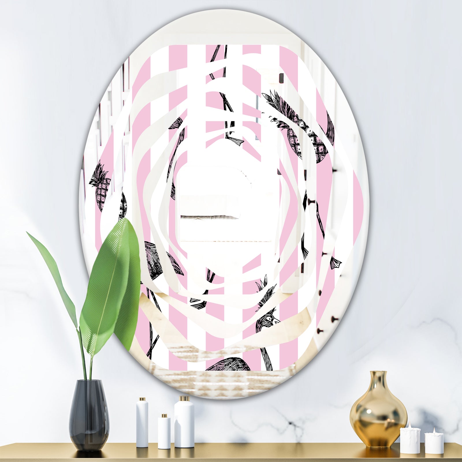Flamingo on Pink - Modern Round or Oval Wall Mirror - Whirl