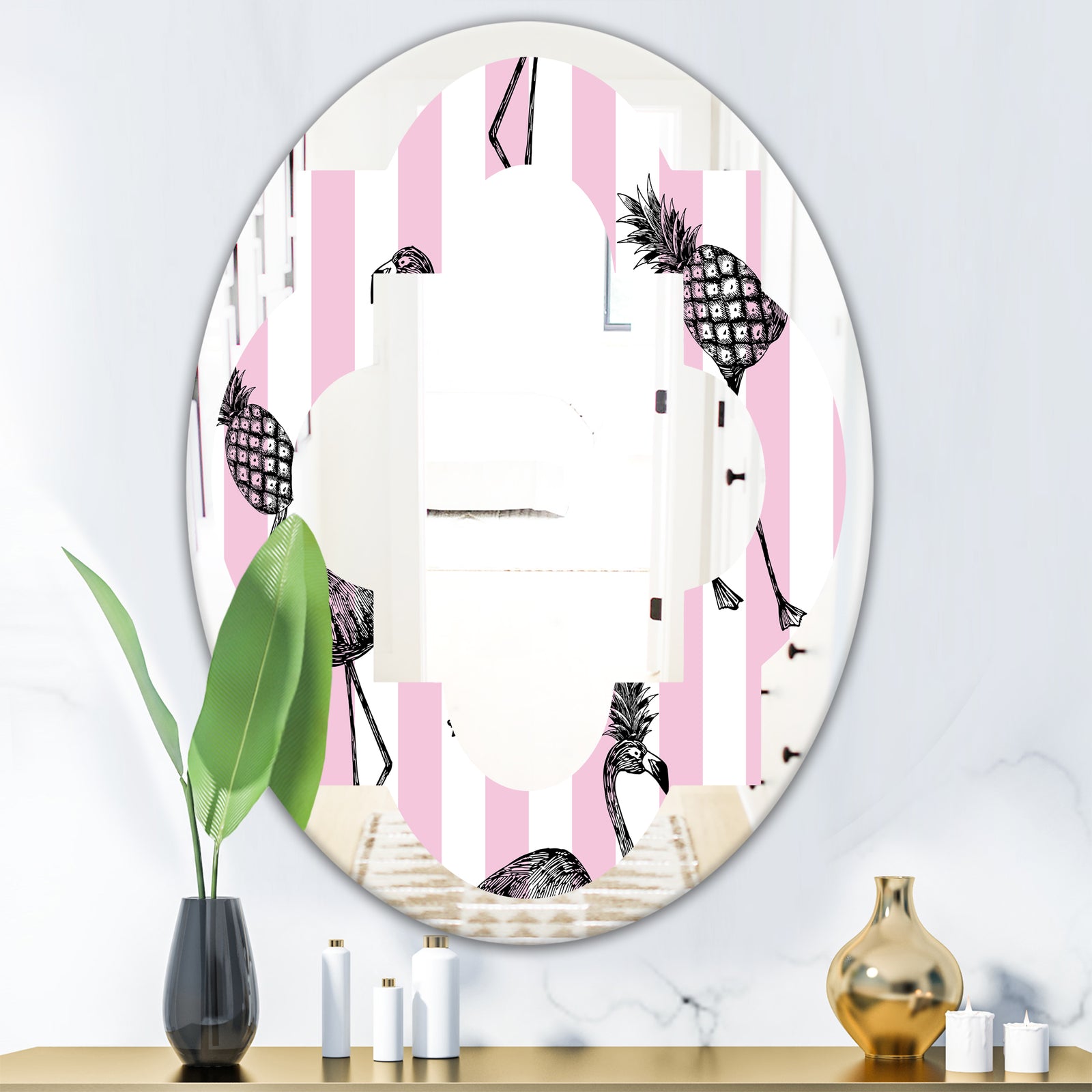 Flamingo on Pink - Modern Round or Oval Wall Mirror - Quatrefoil