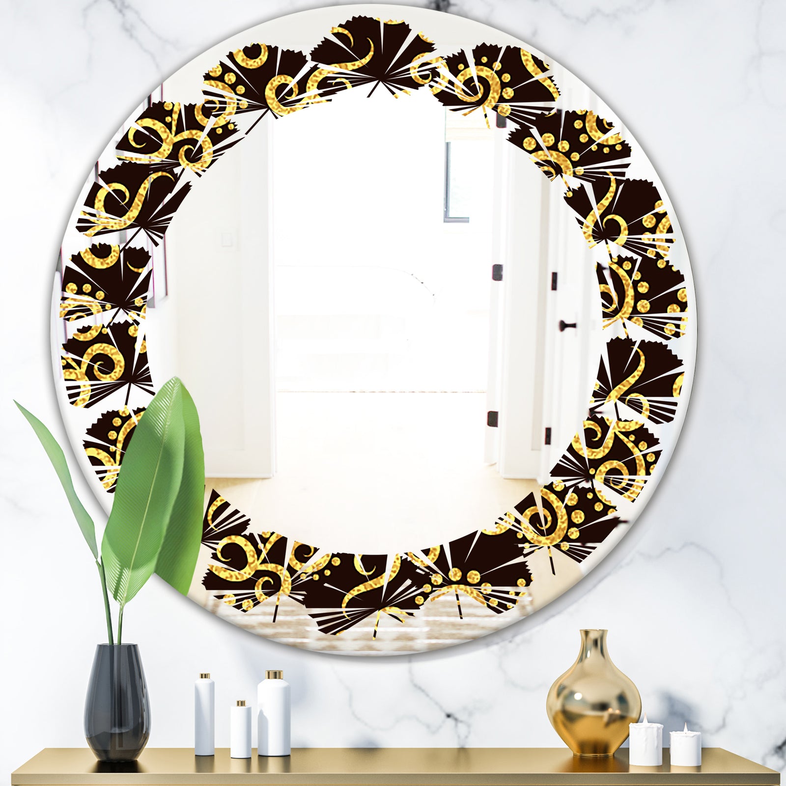 Gold and Black Swirl II - Modern Round or Oval Wall Mirror - Leaves