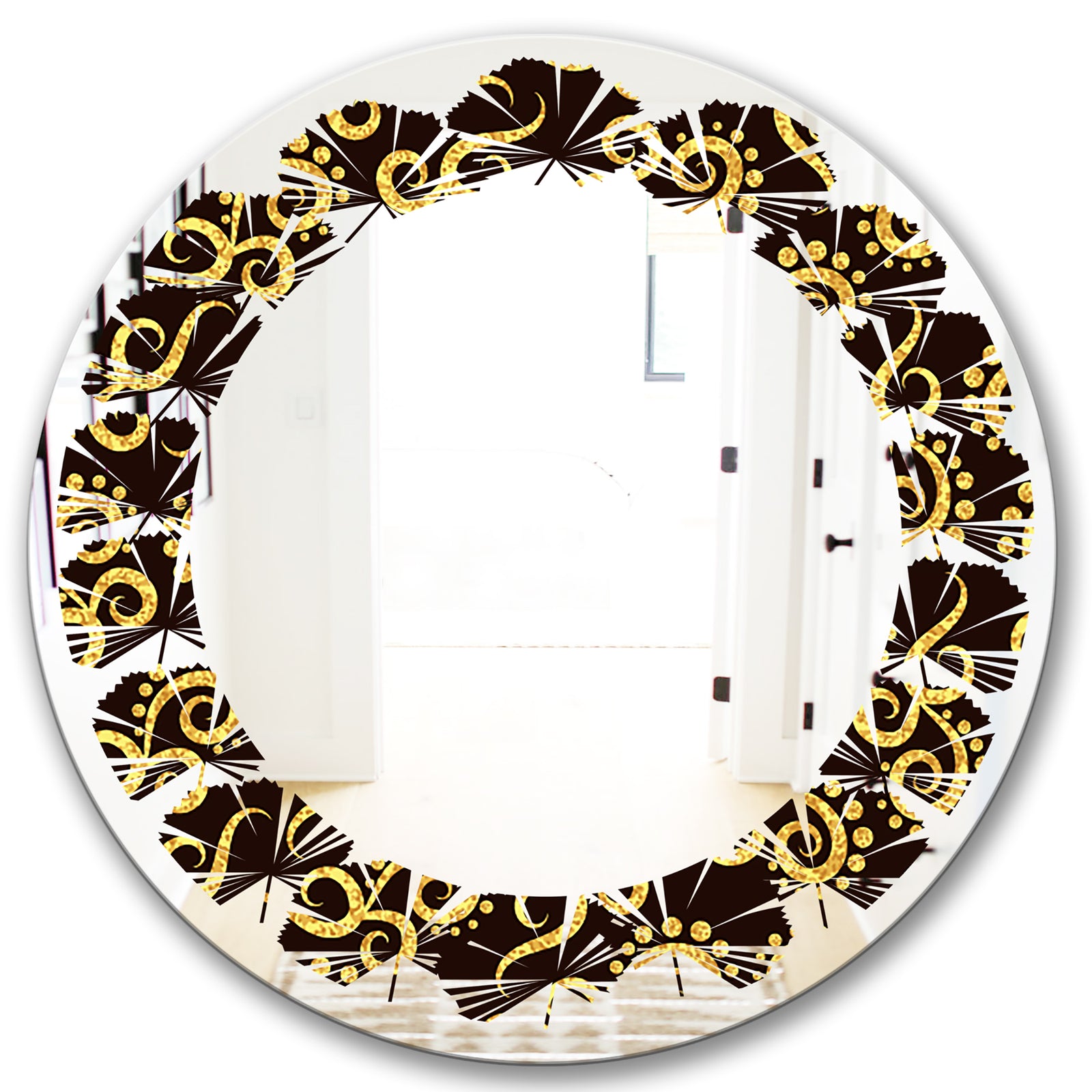 Gold and Black Swirl II - Modern Round or Oval Wall Mirror - Leaves