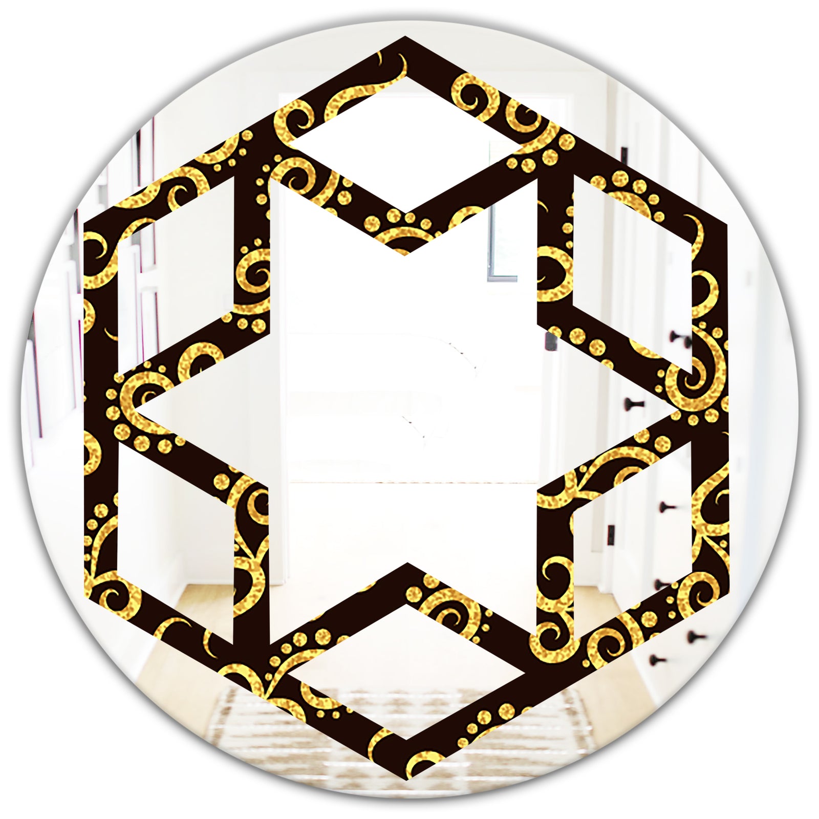 Gold and Black Swirl II - Modern Round or Oval Wall Mirror - Hexagon Star