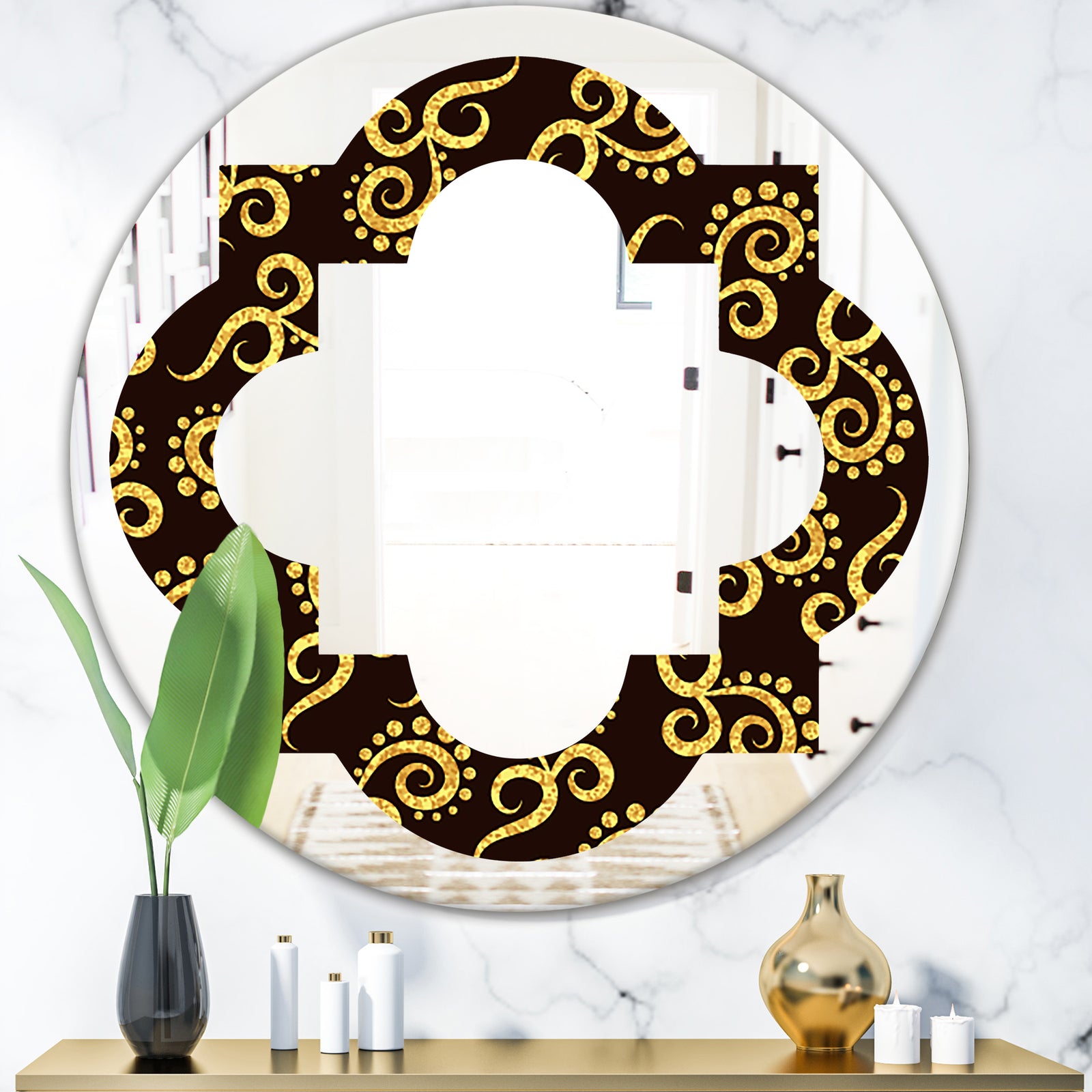 Gold and Black Swirl II - Modern Round or Oval Wall Mirror - Quatrefoil