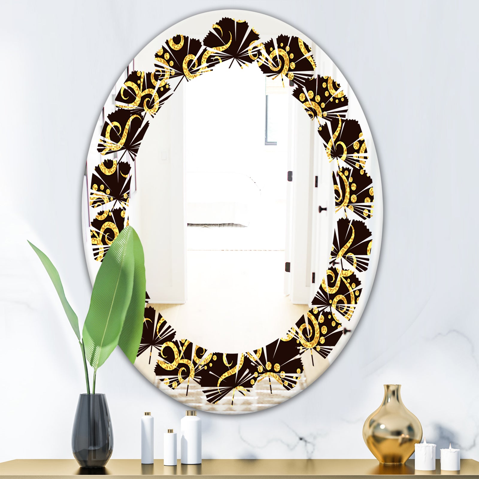 Gold and Black Swirl II - Modern Round or Oval Wall Mirror - Leaves