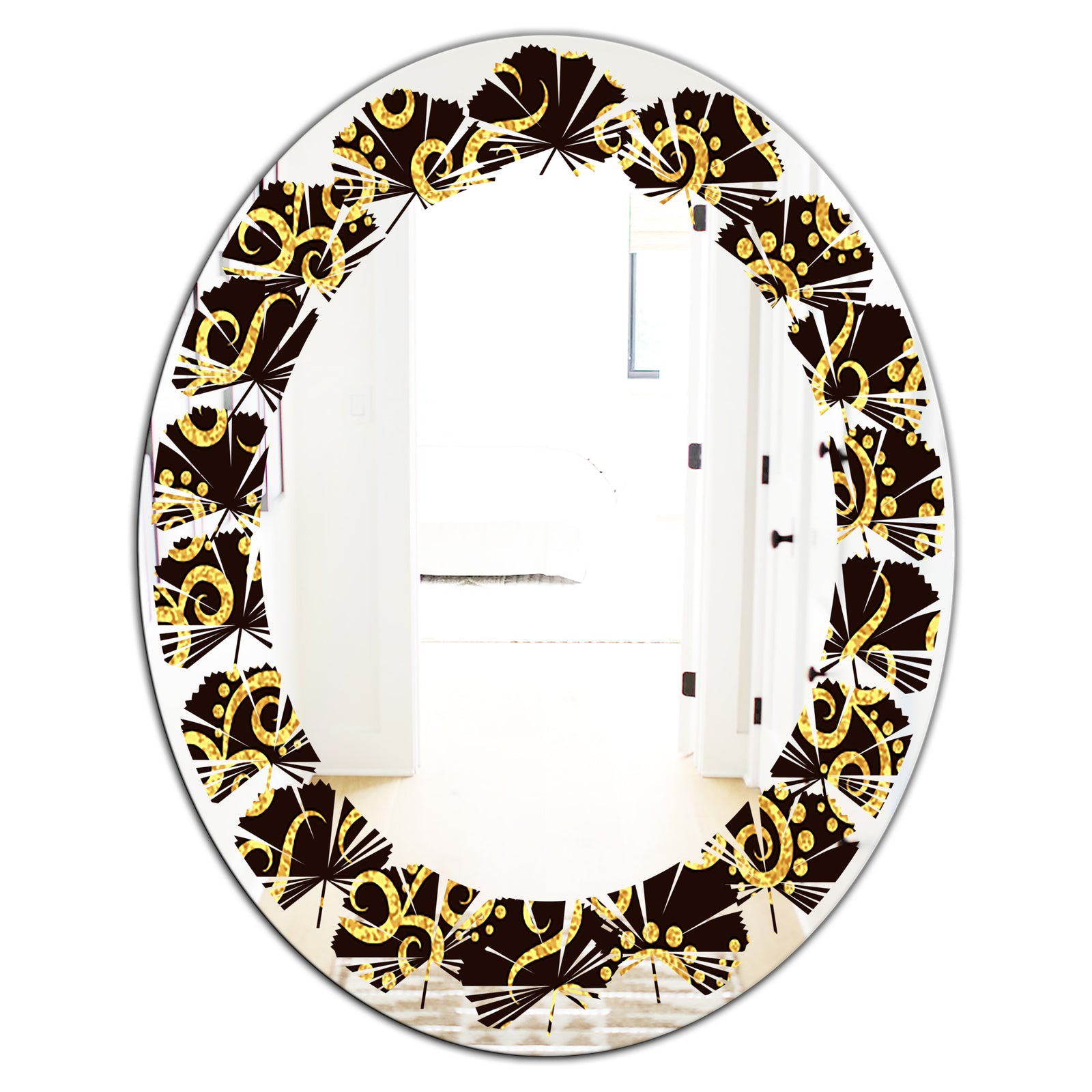 Gold and Black Swirl II - Modern Round or Oval Wall Mirror - Leaves
