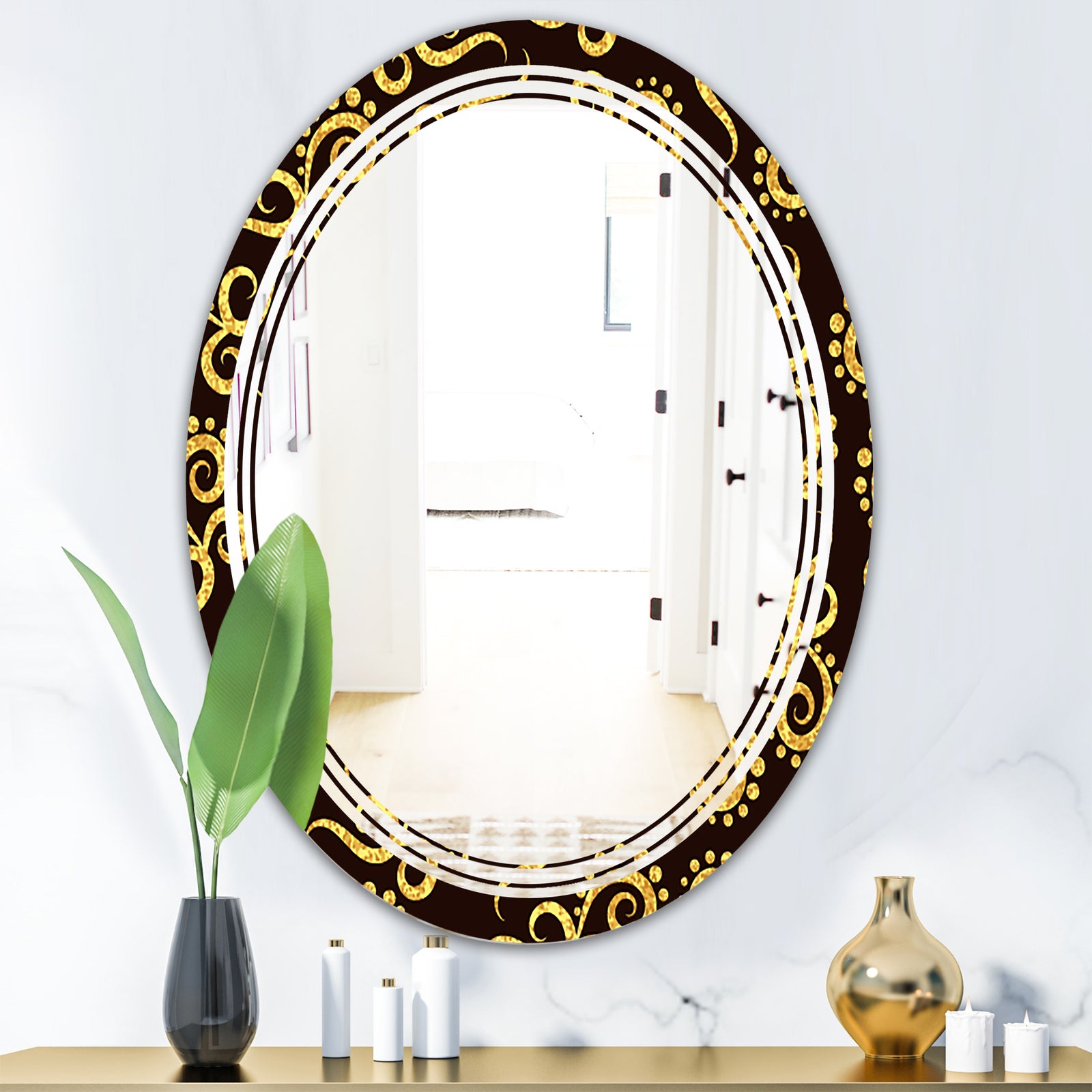 Gold and Black Swirl II - Modern Round or Oval Wall Mirror - Triple C