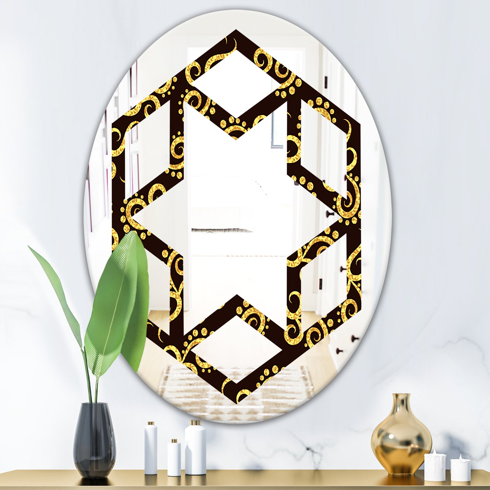 Gold and Black Swirl II - Modern Round or Oval Wall Mirror - Hexagon Star