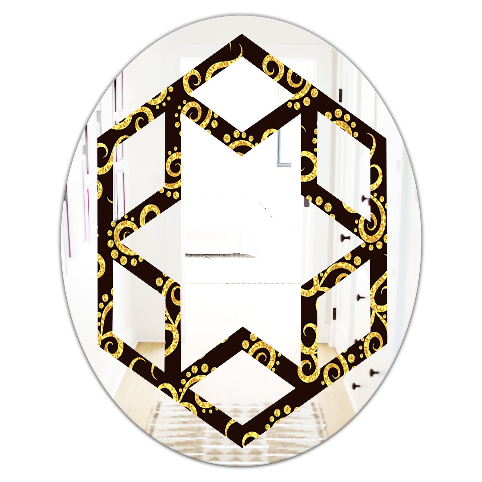 Gold and Black Swirl II - Modern Round or Oval Wall Mirror - Hexagon Star