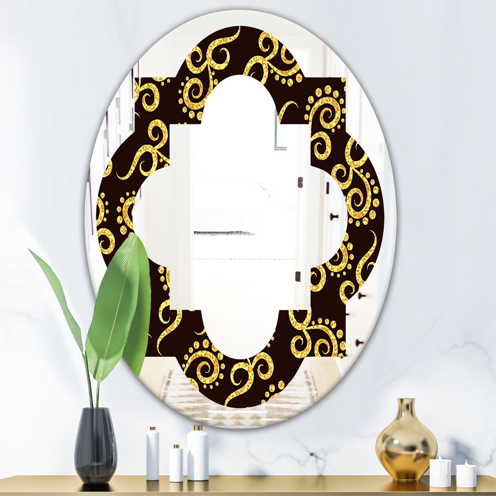 Gold and Black Swirl II - Modern Round or Oval Wall Mirror - Quatrefoil