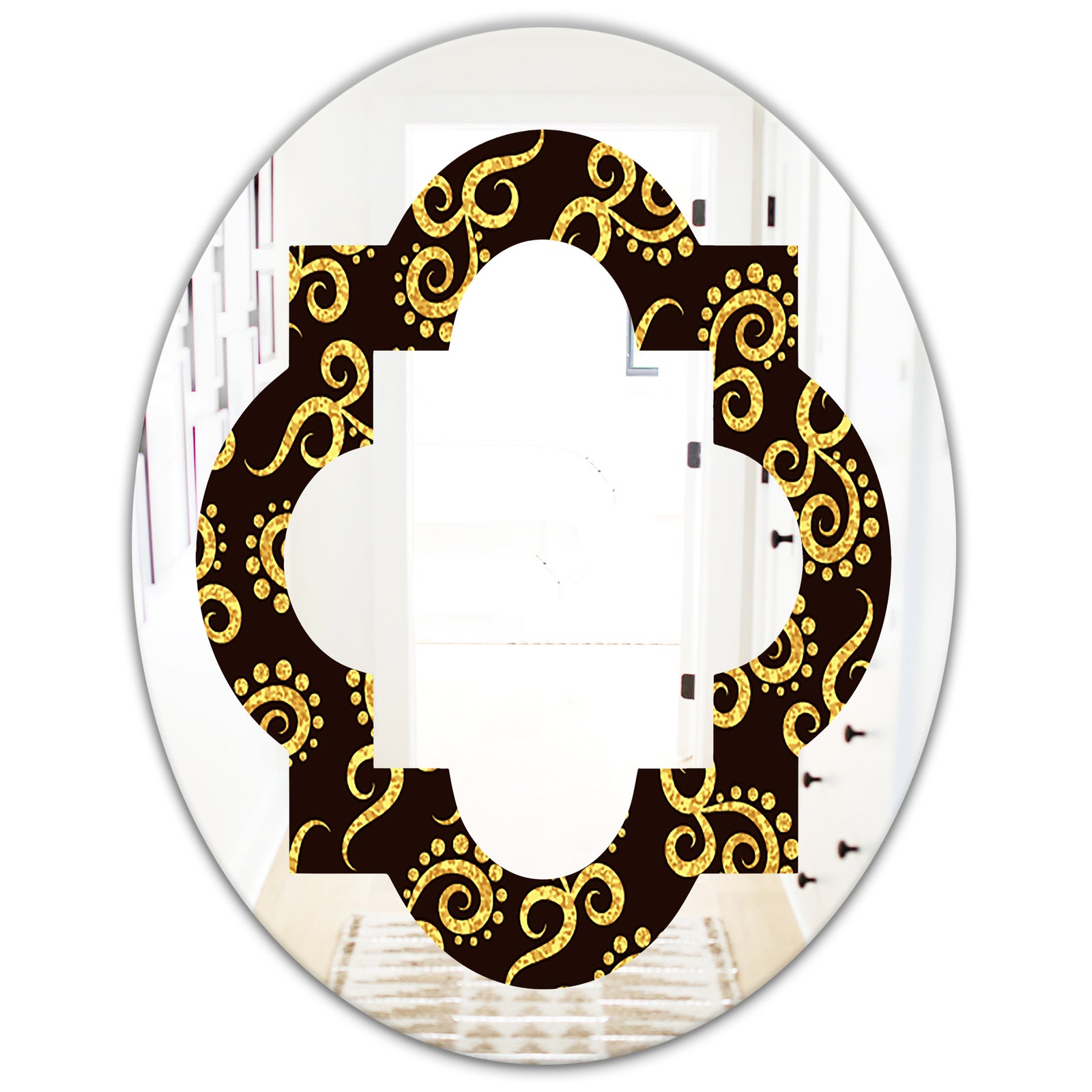 Gold and Black Swirl II - Modern Round or Oval Wall Mirror - Quatrefoil