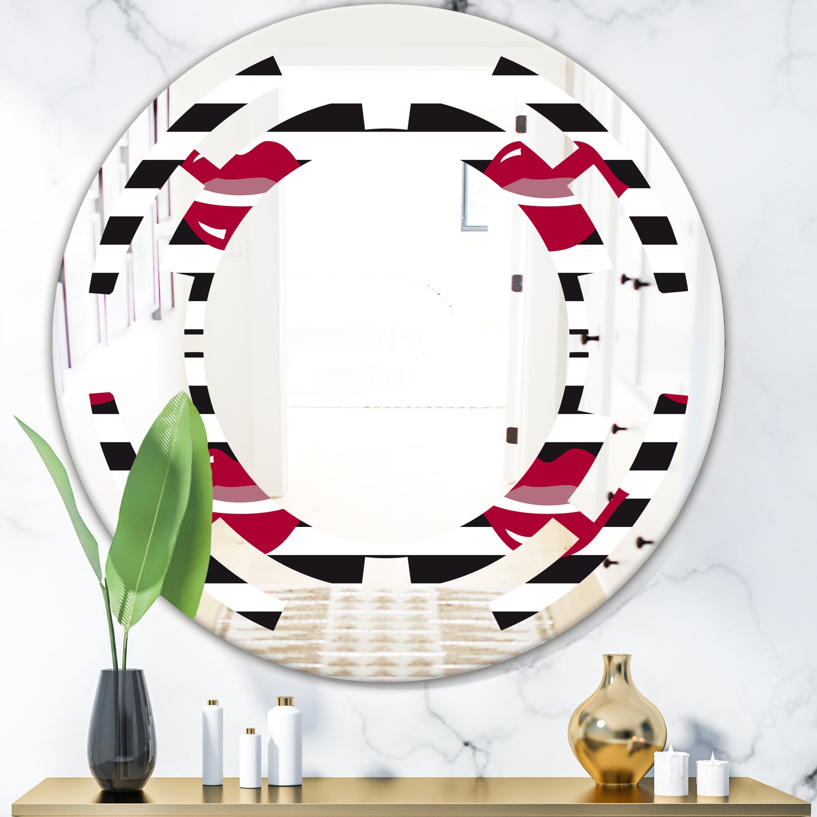 Red Lips Fashion Pattern - Modern Round or Oval Wall Mirror - Space