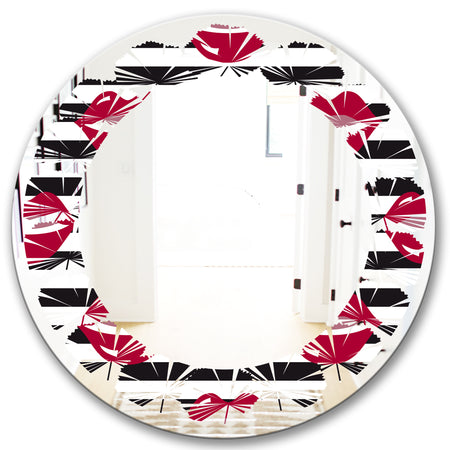 Red Lips Fashion Pattern - Modern Round or Oval Wall Mirror - Leaves