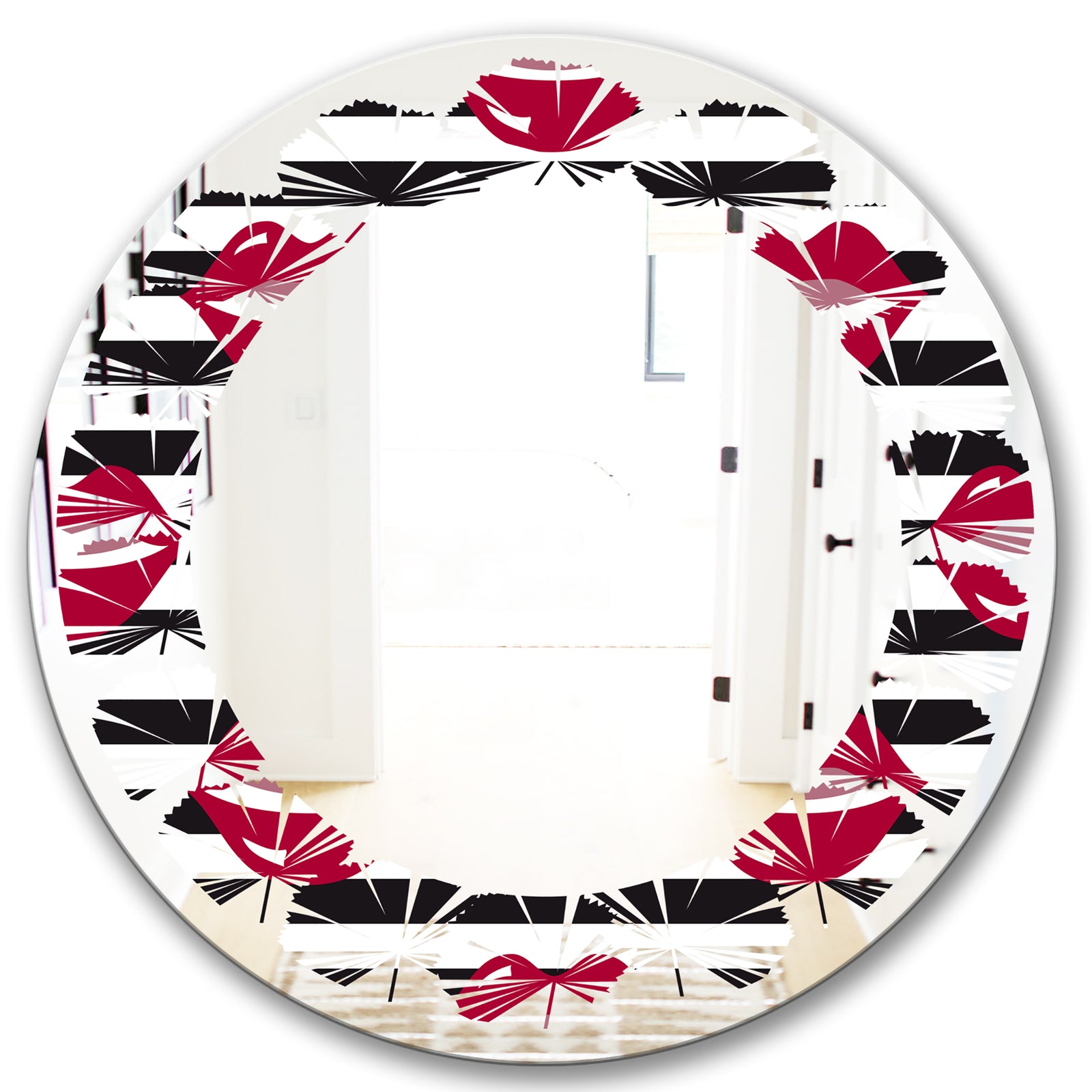 Red Lips Fashion Pattern - Modern Round or Oval Wall Mirror - Leaves
