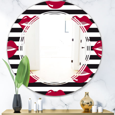Red Lips Fashion Pattern - Modern Round or Oval Wall Mirror - Triple C