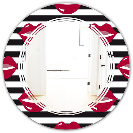 Red Lips Fashion Pattern - Modern Round or Oval Wall Mirror - Triple C