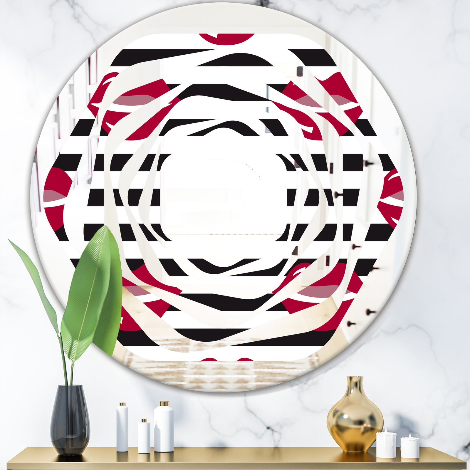 Red Lips Fashion Pattern - Modern Round or Oval Wall Mirror - Whirl