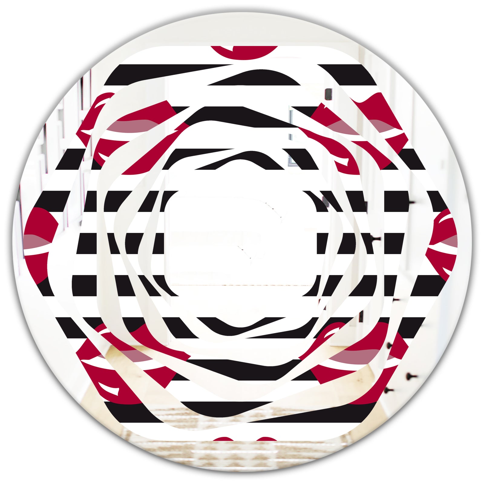 Red Lips Fashion Pattern - Modern Round or Oval Wall Mirror - Whirl
