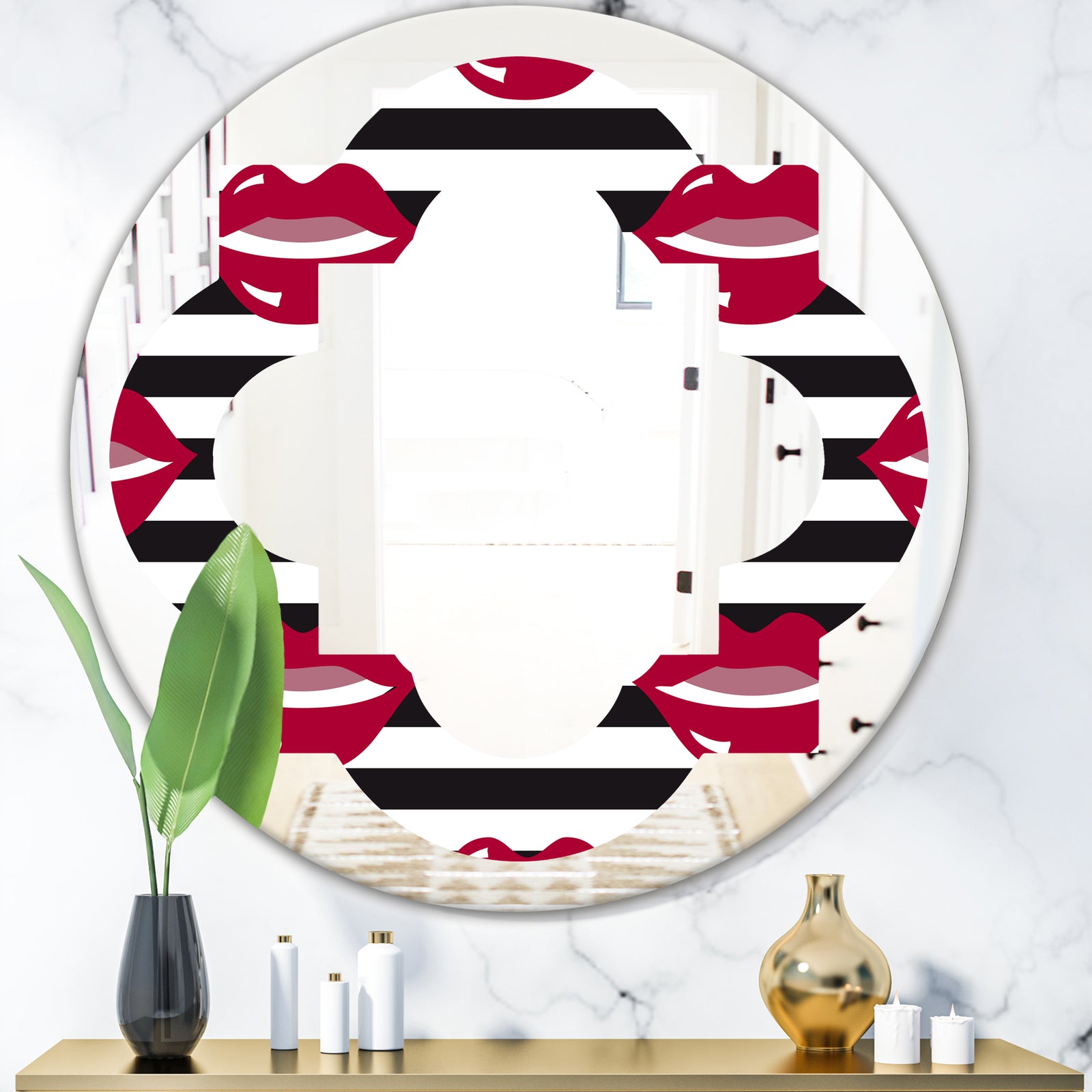Red Lips Fashion Pattern - Modern Round or Oval Wall Mirror - Quatrefoil