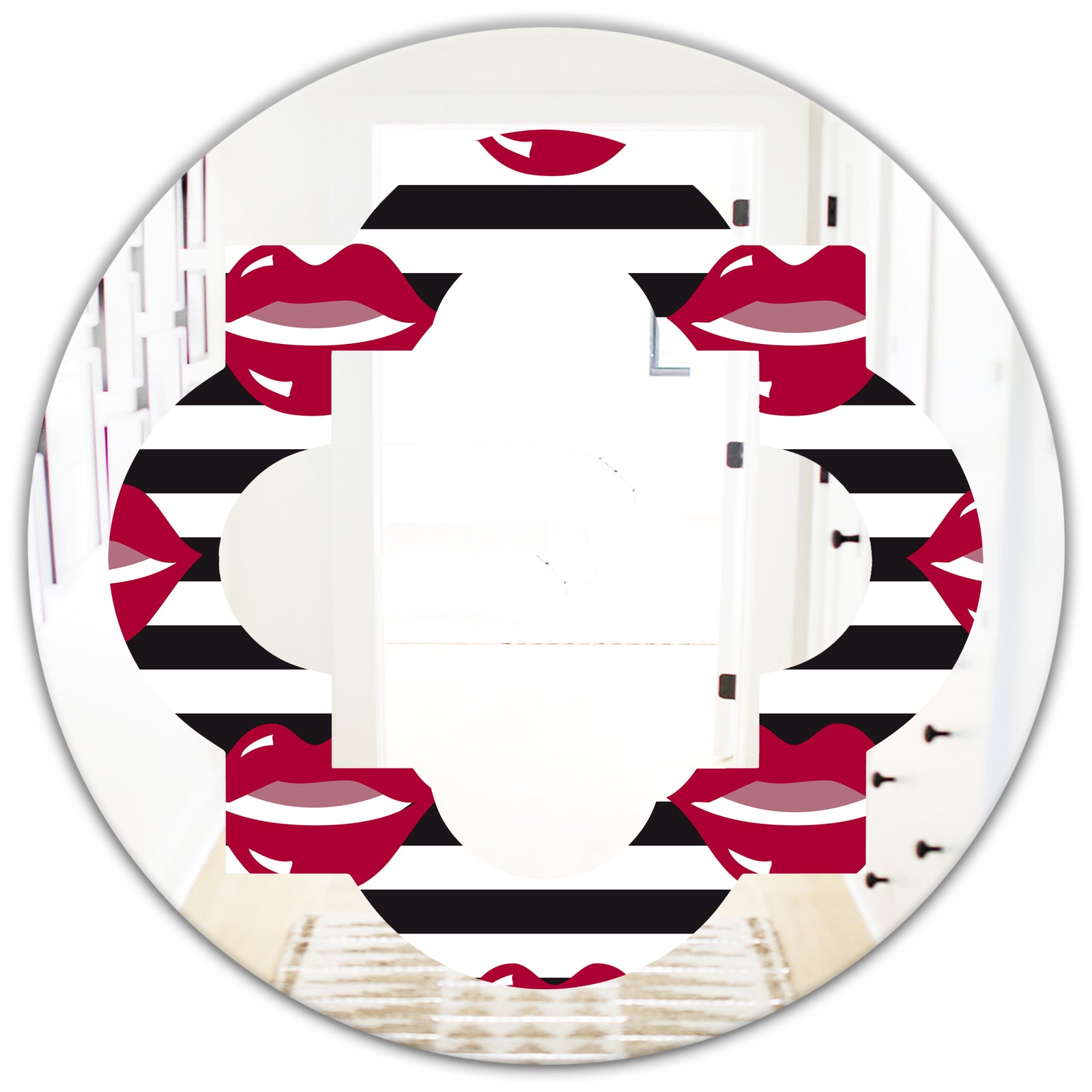 Red Lips Fashion Pattern - Modern Round or Oval Wall Mirror - Quatrefoil