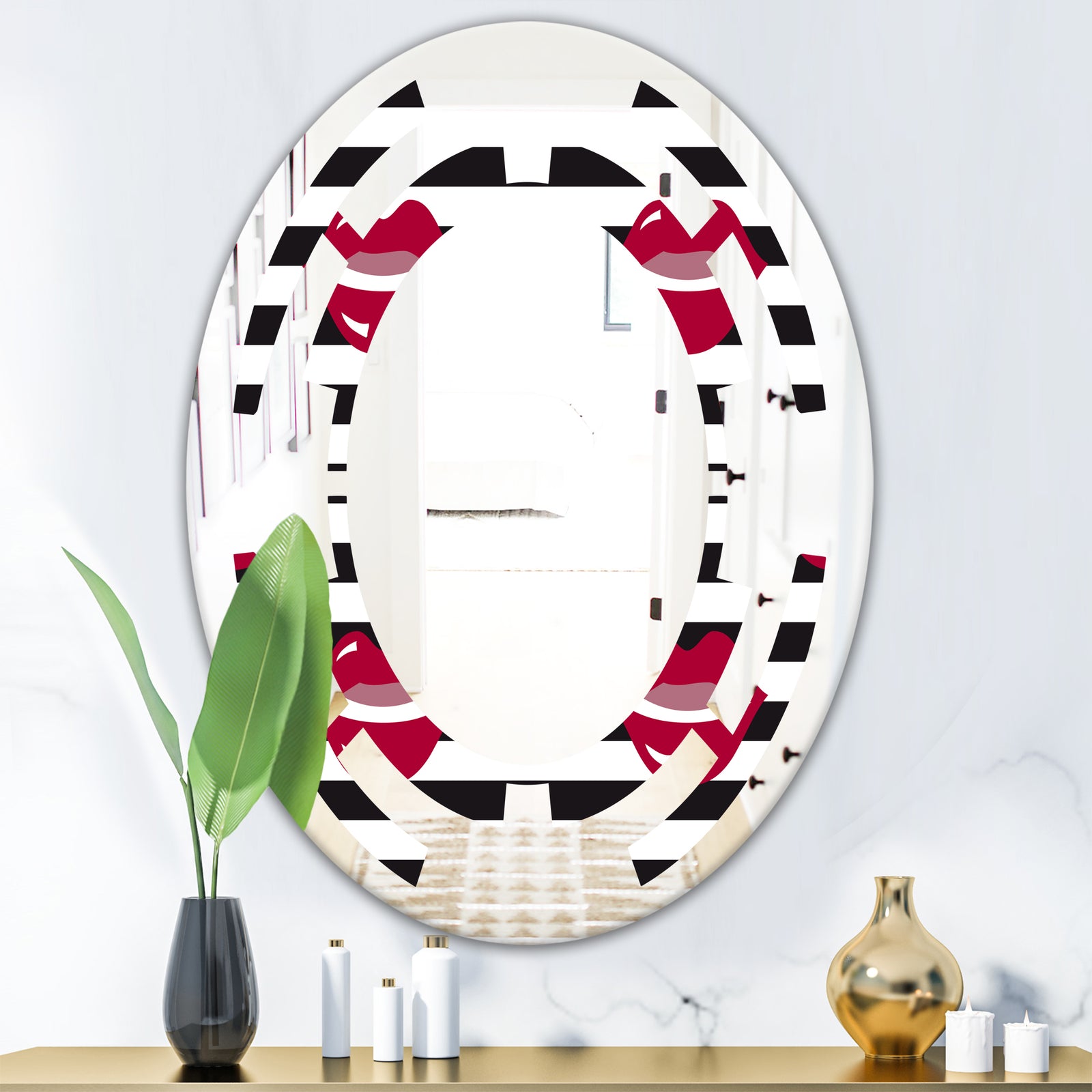 Red Lips Fashion Pattern - Modern Round or Oval Wall Mirror - Space