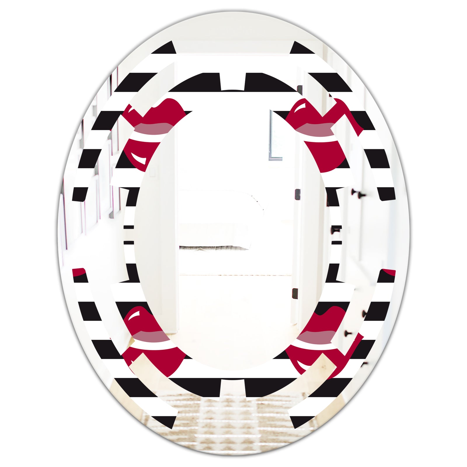 Red Lips Fashion Pattern - Modern Round or Oval Wall Mirror - Space