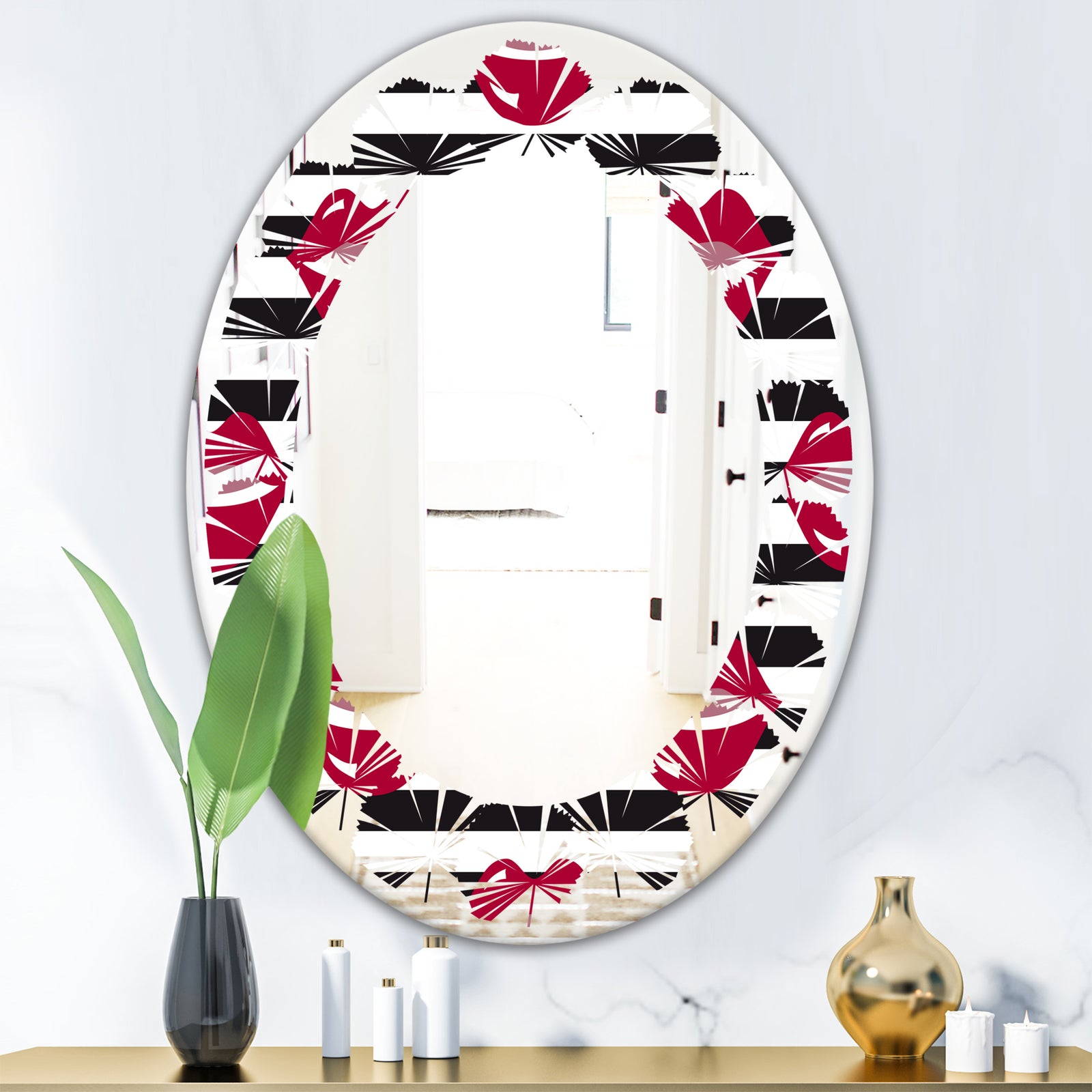Red Lips Fashion Pattern - Modern Round or Oval Wall Mirror - Leaves