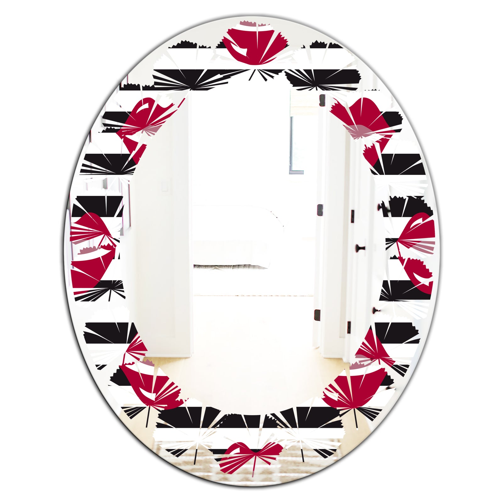 Red Lips Fashion Pattern - Modern Round or Oval Wall Mirror - Leaves