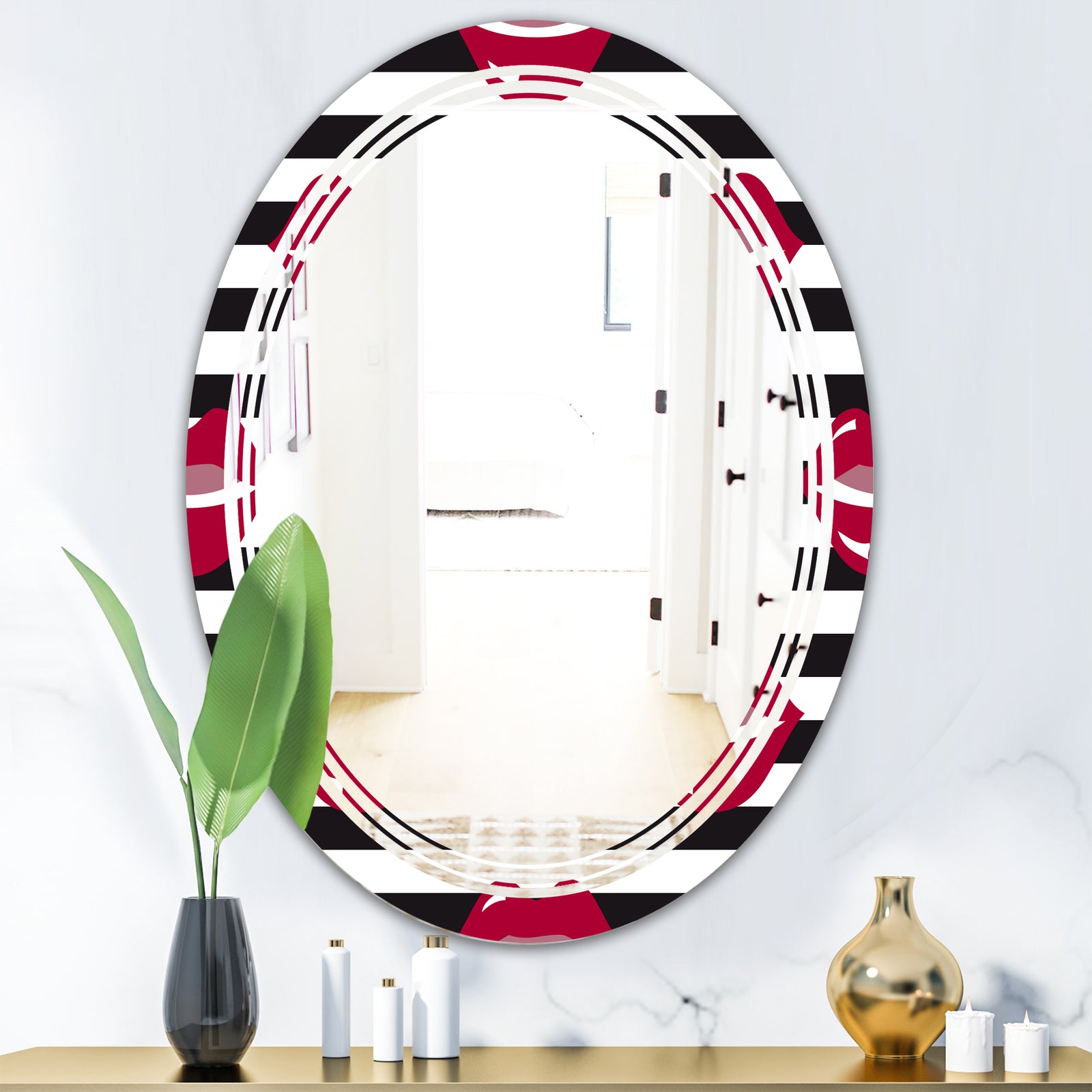 Red Lips Fashion Pattern - Modern Round or Oval Wall Mirror - Triple C