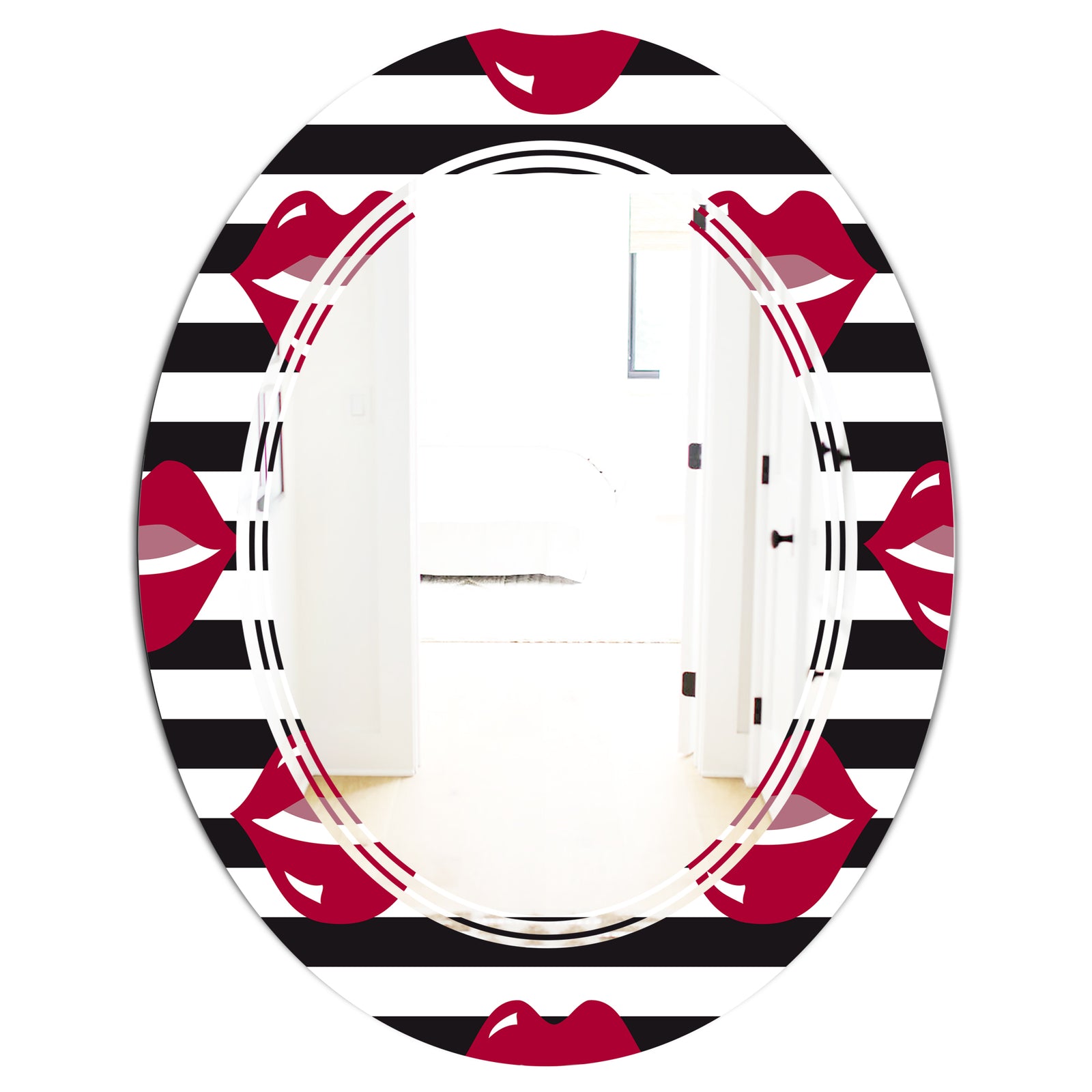 Red Lips Fashion Pattern - Modern Round or Oval Wall Mirror - Triple C