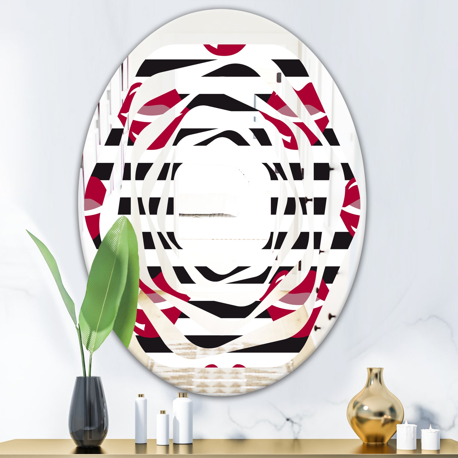 Red Lips Fashion Pattern - Modern Round or Oval Wall Mirror - Whirl