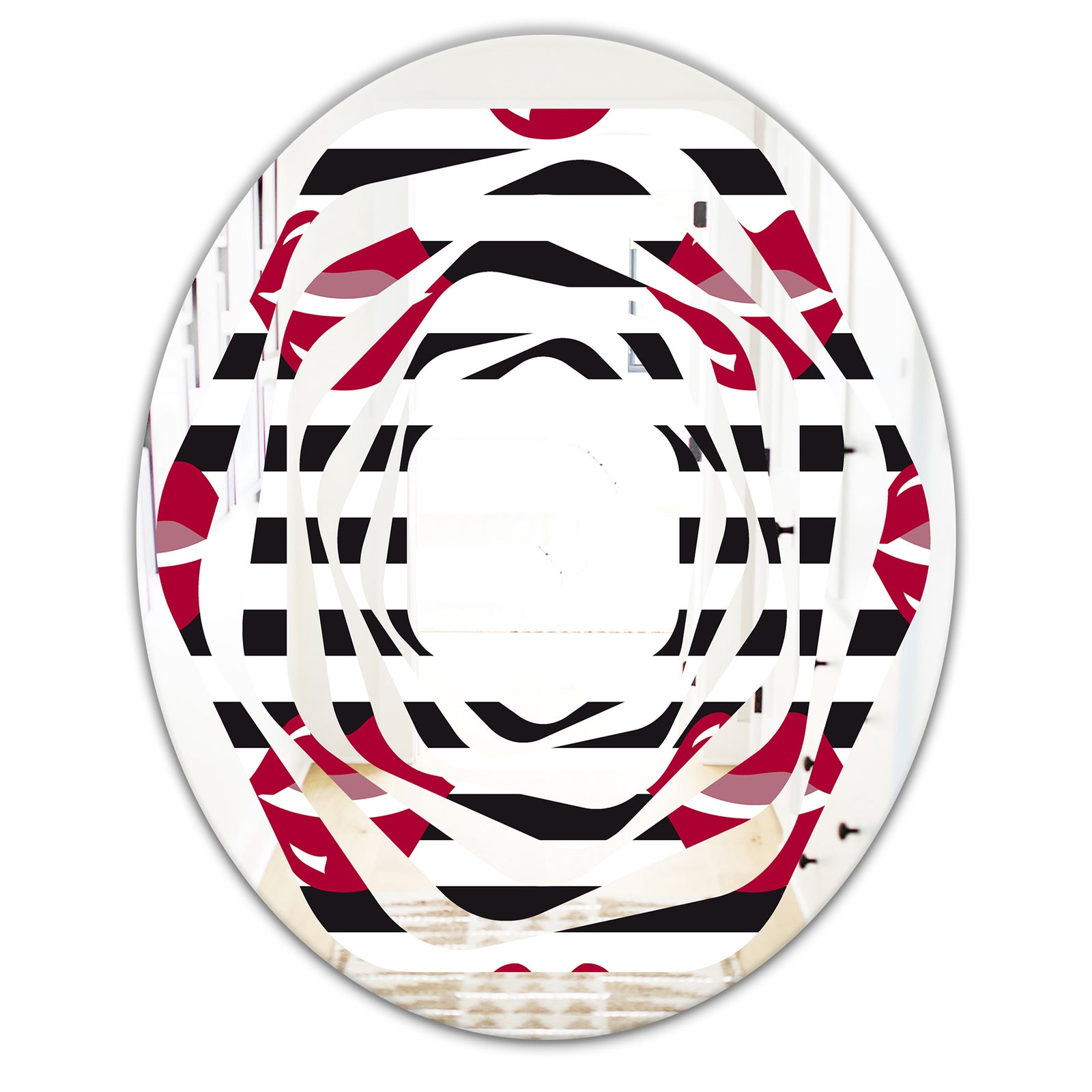 Red Lips Fashion Pattern - Modern Round or Oval Wall Mirror - Whirl