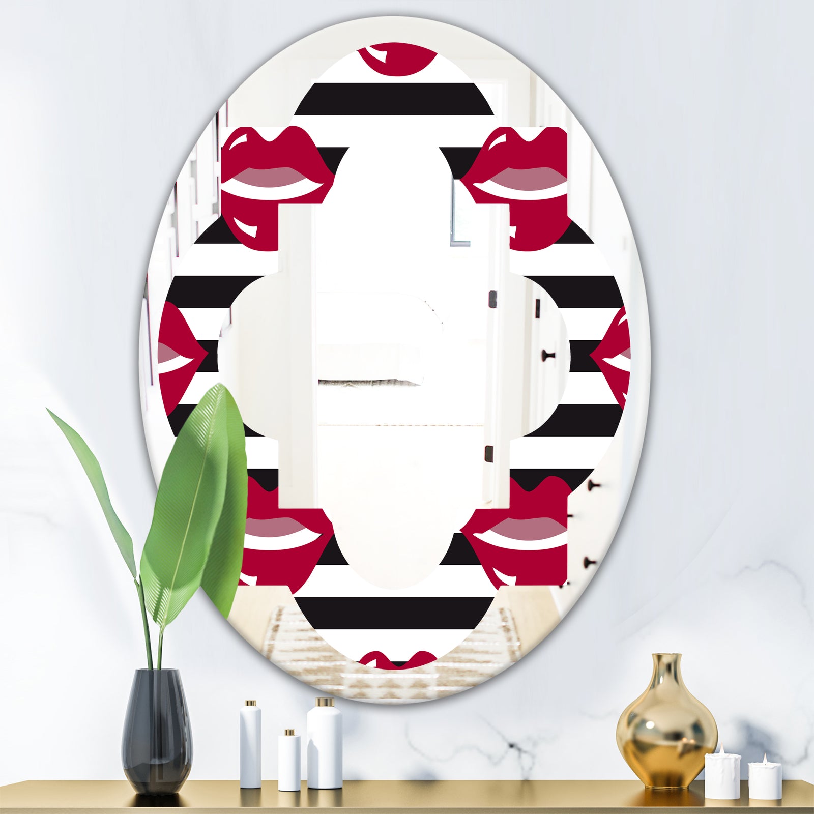 Red Lips Fashion Pattern - Modern Round or Oval Wall Mirror - Quatrefoil