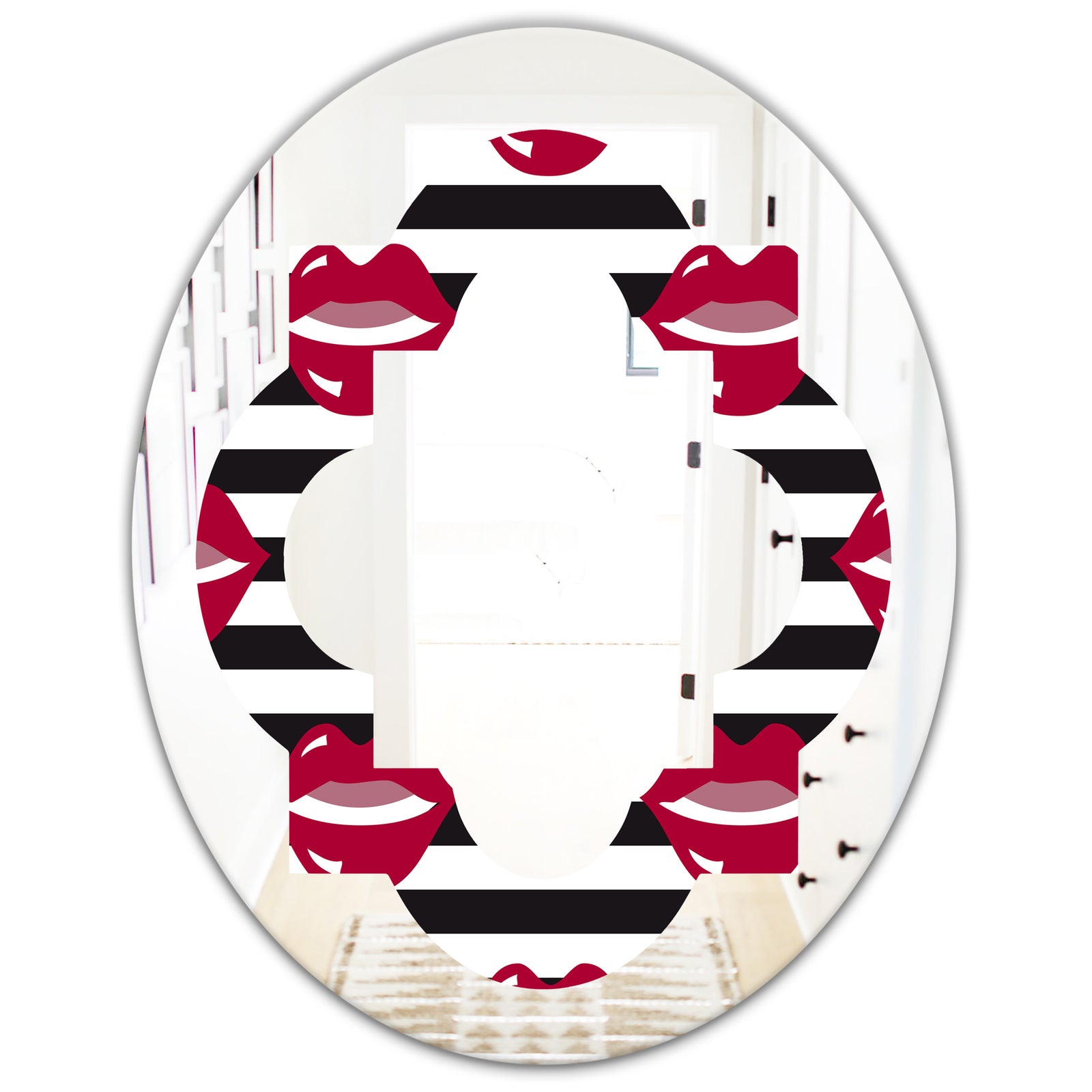 Red Lips Fashion Pattern - Modern Round or Oval Wall Mirror - Quatrefoil