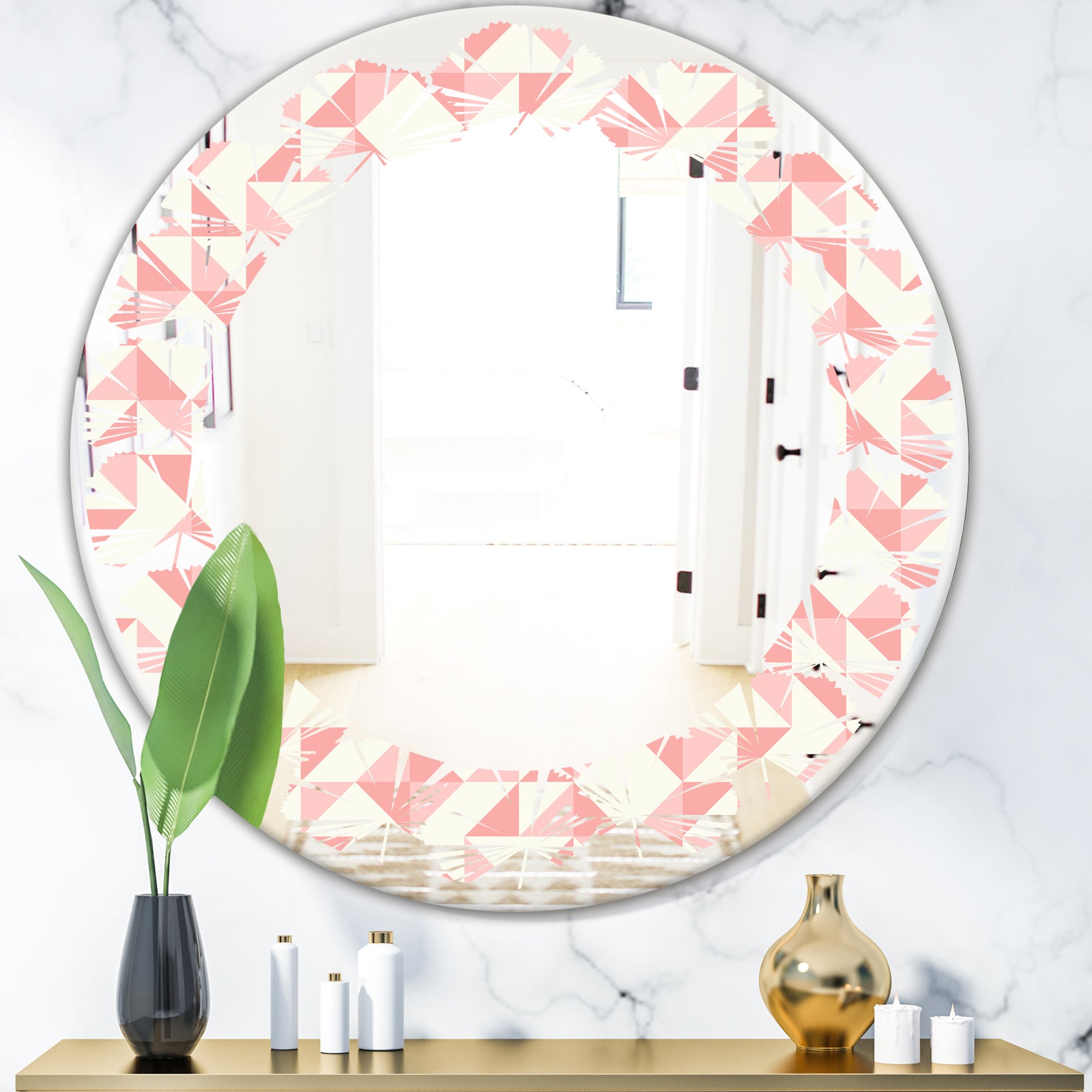 Abstract geometric pattern, patchwork quilting - Modern Round or Oval Wall Mirror - Leaves