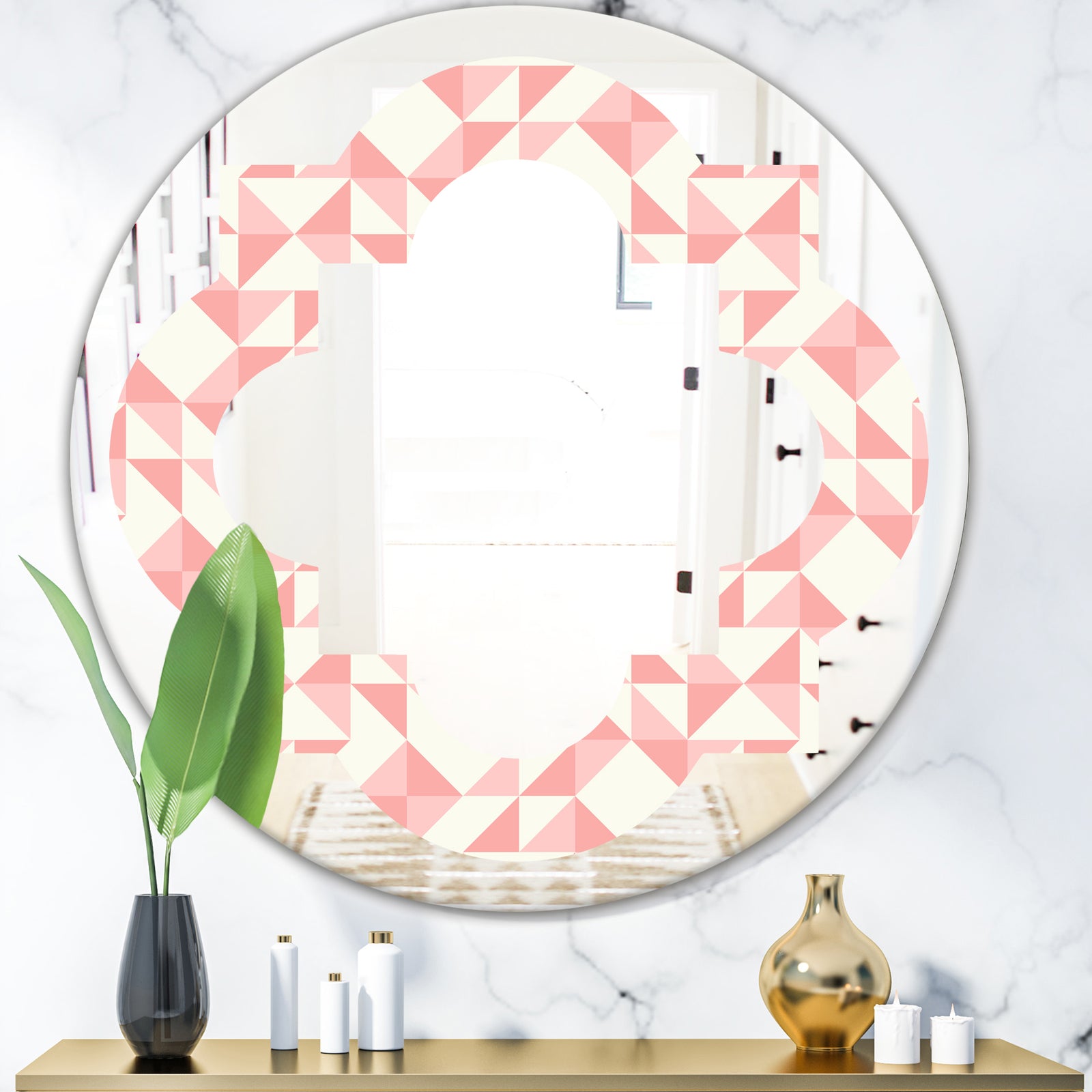 Abstract geometric pattern, patchwork quilting - Modern Round or Oval Wall Mirror - Quatrefoil