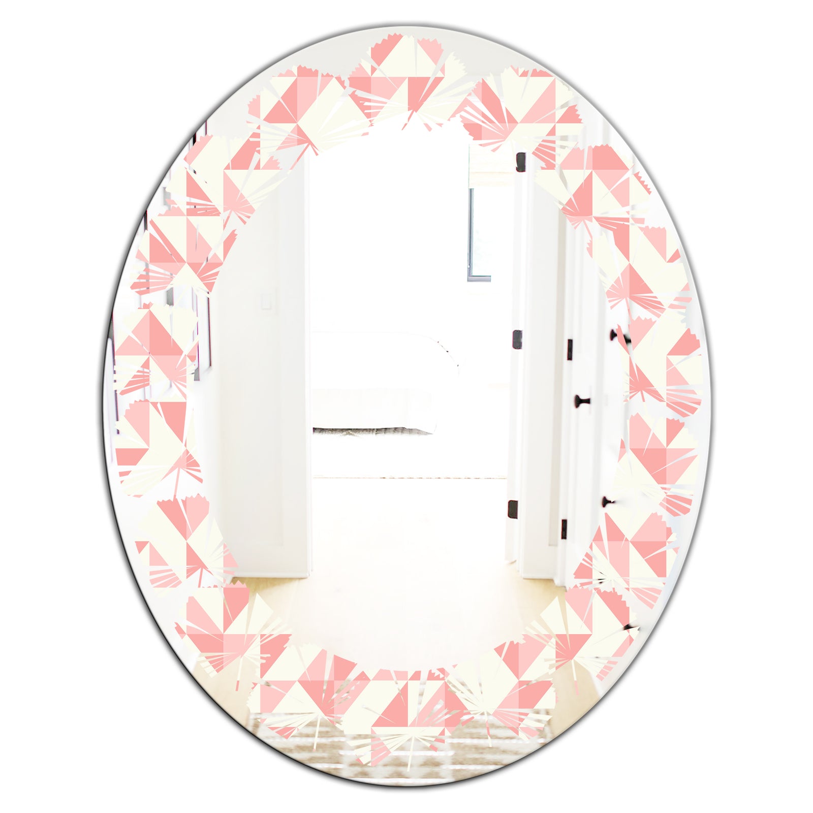 Abstract geometric pattern, patchwork quilting - Modern Round or Oval Wall Mirror - Leaves